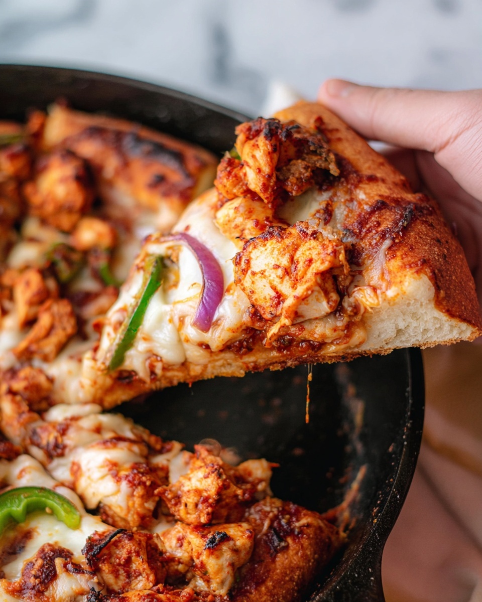 A close-up view of a slice of pizza being lifted by a woman's hand from a skillet. The pizza has a golden-brown crust with a slightly charred edge and a soft, thick base. The top layer shows melted cheese with browned spots, scattered pieces of cooked chicken coated in a reddish seasoning, a few slices of green bell pepper, and chunks of purple onion. The skillet contains more slices of similar pizza with visible layers of cheese and toppings. The scene is set against a white marbled textured surface. photo taken with an iphone --ar 4:5 --v 7