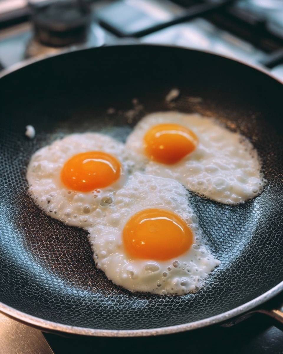 The image shows three sunny-side-up eggs cooking in a black non-stick frying pan with a honeycomb pattern surface. Each egg has a bright, round, orange yolk in the center, surrounded by cooked white egg whites that have some small bubbles and slightly uneven edges. The eggs are close together but not touching, and the frying pan is set on a gas stove with blurred background elements. The photo is clear and focused on the eggs and pan. photo taken with an iphone --ar 4:5 --v 7