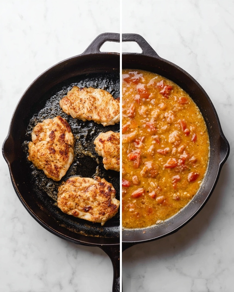 The image is split into two side-by-side photos on a white marbled surface. On the left side, there is a black cast iron pan with four pieces of golden brown cooked chicken with a slightly crispy texture sitting in sizzling oil. The chicken pieces have uneven shapes and are spaced apart on the pan. On the right side, the same black cast iron pan contains a thick, orange-colored sauce with visible pieces of red tomatoes and small bits of meat simmering in it, covering the pan's surface evenly. photo taken with an iphone --ar 4:5 --v 7