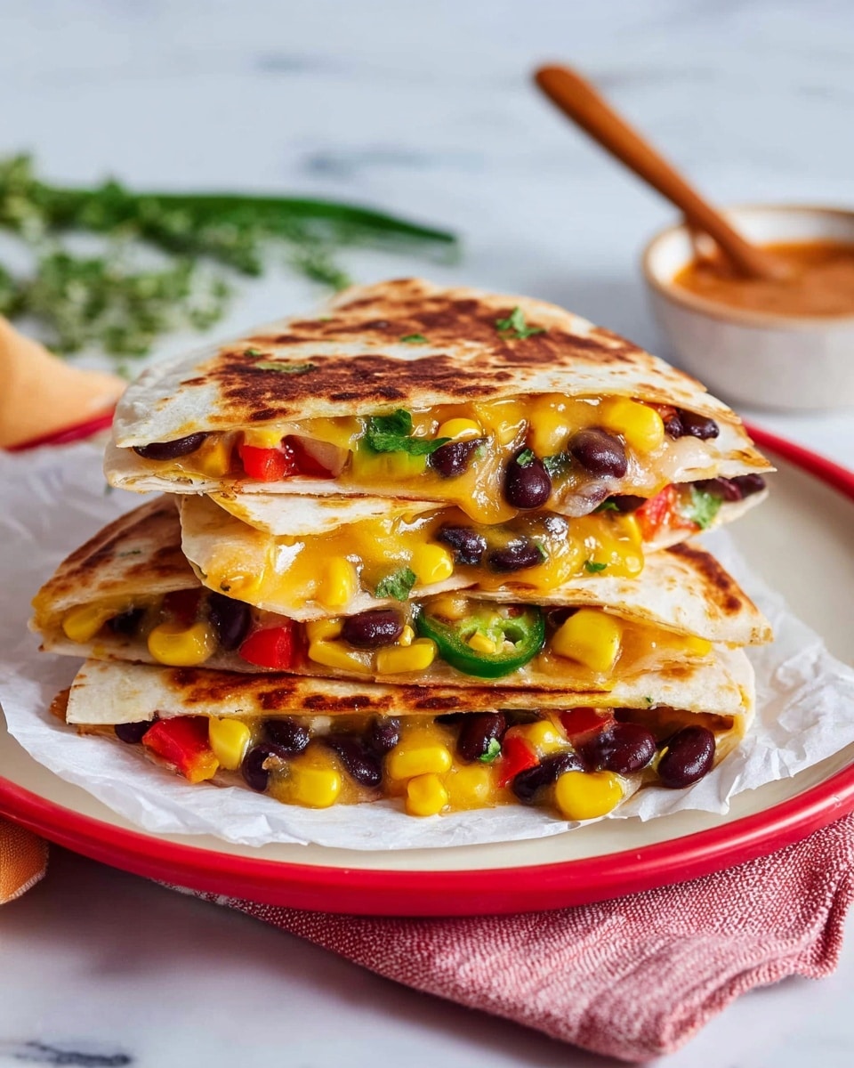 A stack of four quesadilla slices is arranged on a white plate with a red edge and some white paper underneath. Each quesadilla slice shows a toasted, light brown outer layer of tortilla. Inside, melted yellow cheese forms the main filling, mixed with dark black beans, bright yellow corn kernels, small red bell pepper pieces, and fresh green jalapeño slices. The quesadilla layers are slightly oozing cheese and colorful vegetables from their sides. In the background, a small white bowl with a reddish sauce and a wooden spoon is visible, along with some green herbs on a white marbled surface. photo taken with an iphone --ar 4:5 --v 7