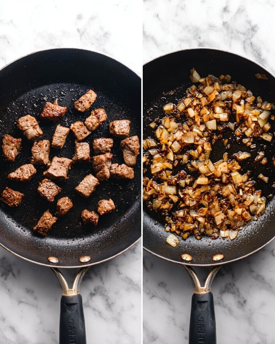 The image shows two black skillets on a white marbled surface. The left skillet holds several small, browned pieces of cooked meat scattered evenly across the pan, with a slight sear texture visible. The right skillet contains small diced onions cooked to a golden brown color, spread loosely across the pan's surface, creating a textured, slightly caramelized look. Both skillets have visible seasoning and oil residues giving a shiny, used appearance. Photo taken with an iphone --ar 4:5 --v 7