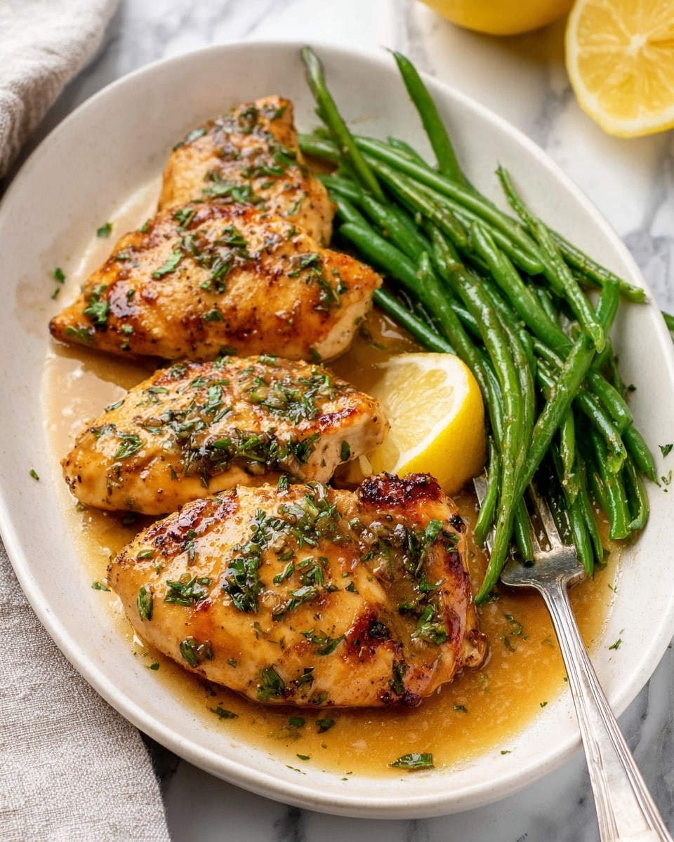 In a white oval plate, there are three golden-brown grilled chicken pieces with a shiny glaze and sprinkled green herbs on top, lying on a light brown sauce. To the right of the chicken, a bunch of bright green cooked green beans is arranged with a thin slice of lemon resting on them. A silver fork rests on the edge of the plate near the green beans. The plate is set on a white marbled surface with a lemon half partially visible in the background. photo taken with an iphone --ar 4:5 --v 7