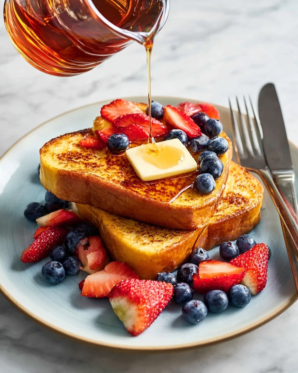 Two thick slices of golden brown French toast are stacked on a round white plate. The top slice has a melting square of butter in the center, scattered with fresh, vibrant red strawberry slices and deep blue blueberries. More strawberries and blueberries sit around the base of the toast on the plate. A stream of syrup is being poured over the top slice from a glass container with a brown lid, creating a shiny coating on the toast. A fork and knife rest to the right side of the plate. The plate is set on a white marbled surface. photo taken with an iphone --ar 4:5 --v 7