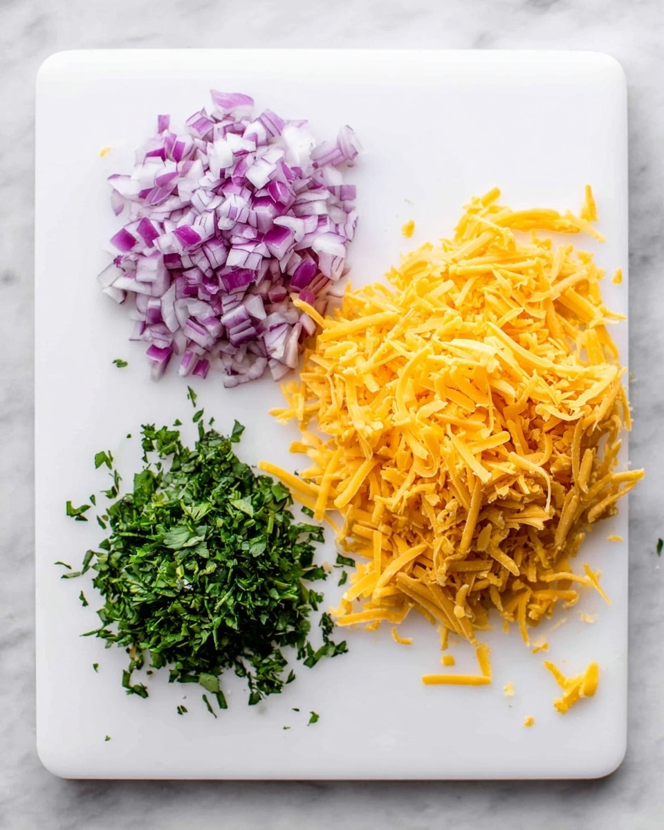 A white cutting board on a white marbled surface holds three neatly arranged piles: finely chopped purple onions on the top left, bright green chopped herbs below the onions on the bottom left, and a heap of shredded orange-yellow cheddar cheese on the right side, showing a mix of thin and slightly thick shreds with some scattered pieces around. The image is clear and bright, focusing on the texture and vibrant colors of the ingredients photo taken with an iphone --ar 4:5 --v 7