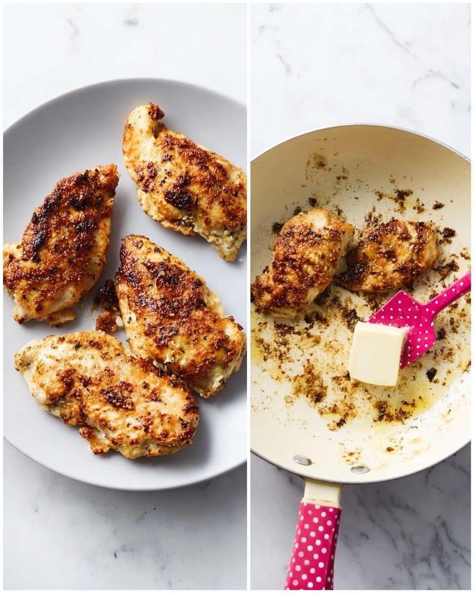 The image shows four pieces of cooked chicken with a golden brown crispy crust on a white round plate. The chicken pieces have a mix of light and darker brown spots, with some parts looking slightly charred for added texture. The plate is placed on a white marbled surface. On the right side, there is a cream-colored pan with dark browned bits stuck to the bottom, and a small cube of butter melting in the center. A pink spatula with large white polka dots rests inside the pan. photo taken with an iphone --ar 4:5 --v 7