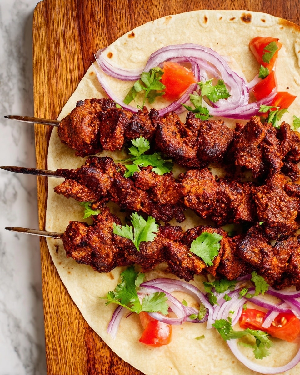 The image shows four dark brown grilled meat skewers laid on a large flat beige tortilla resting on a wooden cutting board. The skewered meat looks crispy and textured, with a deep reddish-brown color from spices and cooking. Thin slices of red onion and bright green cilantro leaves are scattered over the meat for garnish. Around the edges, small pieces of red tomato add a splash of color. The background features a white marbled surface. photo taken with an iphone --ar 4:5 --v 7