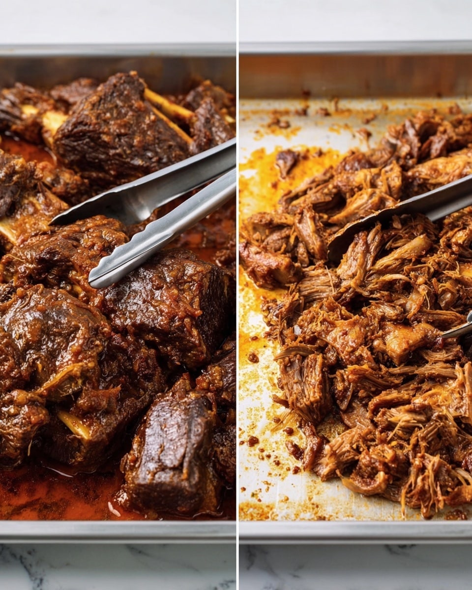 The image shows two close-up views of cooked beef on a metal tray on a white marbled surface. On the left side, there are large dark brown beef pieces with bone visible, covered in a rich, thick sauce with a slightly oily texture, and a pair of tongs resting on top. On the right side, the beef is shredded into small pieces, still dark brown and juicy, with two metal forks partly inserted into the meat. The back of the tray has some bits of sauce and meat scattered around. photo taken with an iphone --ar 4:5 --v 7
