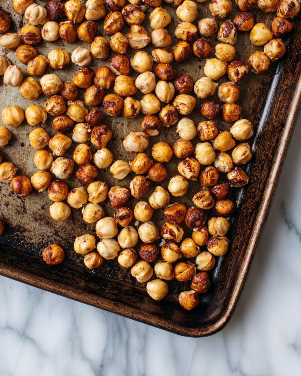 A dark metal baking tray filled with many roasted hazelnuts scattered all over. The hazelnuts are a mix of creamy light brown and deeper toasted brown, some still showing bits of their thin skins. The tray has a slightly worn, rustic look with small scratches and spots, contrasting with the smooth round hazelnuts resting on it. The image is taken from above against a white marbled surface. photo taken with an iphone --ar 4:5 --v 7