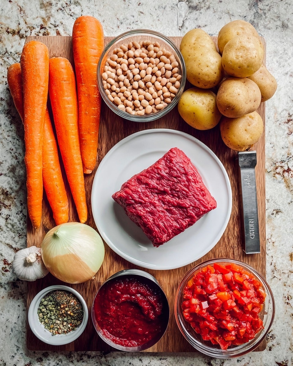 A wooden board sits on a white marbled surface, holding fresh ingredients arranged carefully: three large orange carrots on the left side, three light brown potatoes stacked in the middle, and a glass bowl filled with light brown beans at the top left. Next to the potatoes, a white plate holds a square piece of raw red meat, and behind the plate are a whole yellow onion and a bulb of white garlic. Near the bottom right, there is a clear bowl of bright red chopped tomatoes and a metal measuring cup filled with deep red tomato paste. A small white bowl contains a mix of green and red spices, completing the colorful display of ingredients. photo taken with an iphone --ar 4:5 --v 7