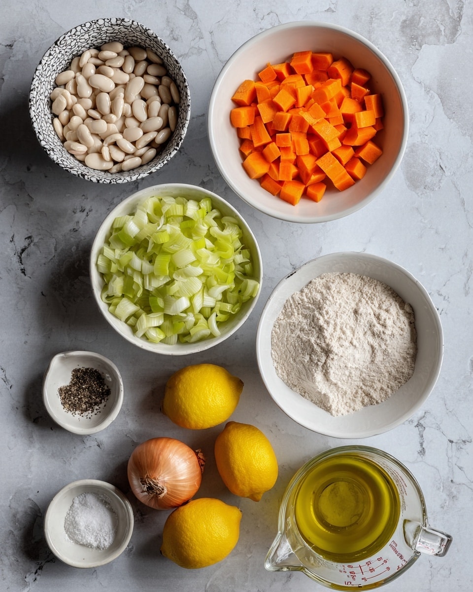 The image shows several bowls and ingredients placed on a white marbled surface. In the center, a white bowl is filled with white beans. Above it, another white bowl holds bright orange carrot pieces cut into small chunks. To the left, a patterned white bowl contains chopped pale green leeks, and below it, a white bowl is filled with light green celery slices. Near the bottom center, two bright yellow lemons and a whole brown onion are placed side by side. To the right, a clear glass measuring cup is filled with clear water, and next to it, a small white bowl contains white flour. At the bottom right, there is a small clear glass container holding golden olive oil. A small white dish with black pepper and salt is placed near the bottom left of the image. The setup is neat and organized, with a clear top-down view. Photo taken with an iphone --ar 4:5 --v 7
