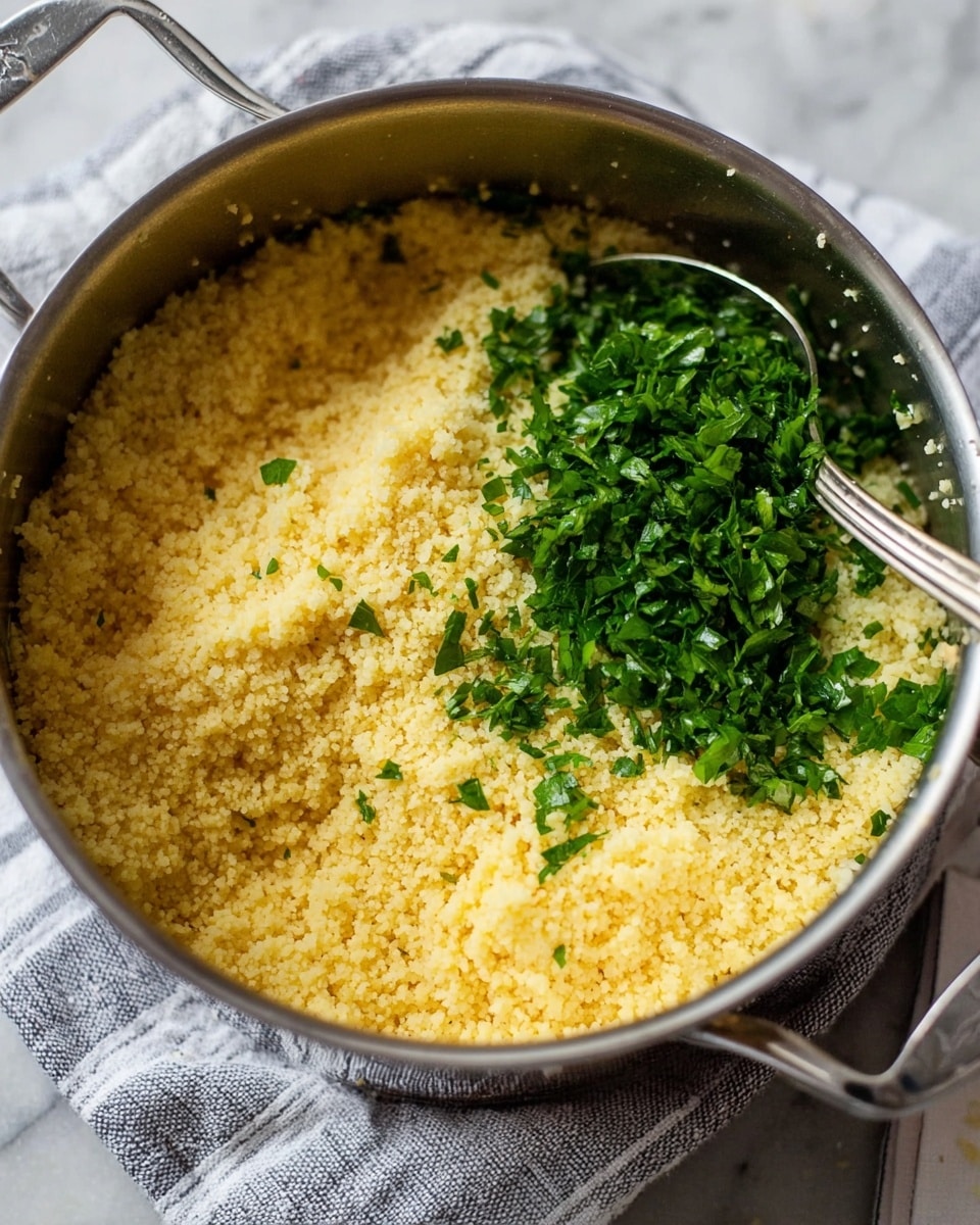 The image shows a metal pot filled with soft, fluffy yellow couscous covering most of the inside. On one side, there is a small pile of bright green chopped herbs sitting on top of the couscous. A fork is resting inside the pot with its handle sticking out, leaning against the side. The pot is placed on a white marbled surface with a gray and white striped cloth underneath. The couscous has a grainy texture while the herbs look fresh and finely chopped. photo taken with an iphone --ar 4:5 --v 7