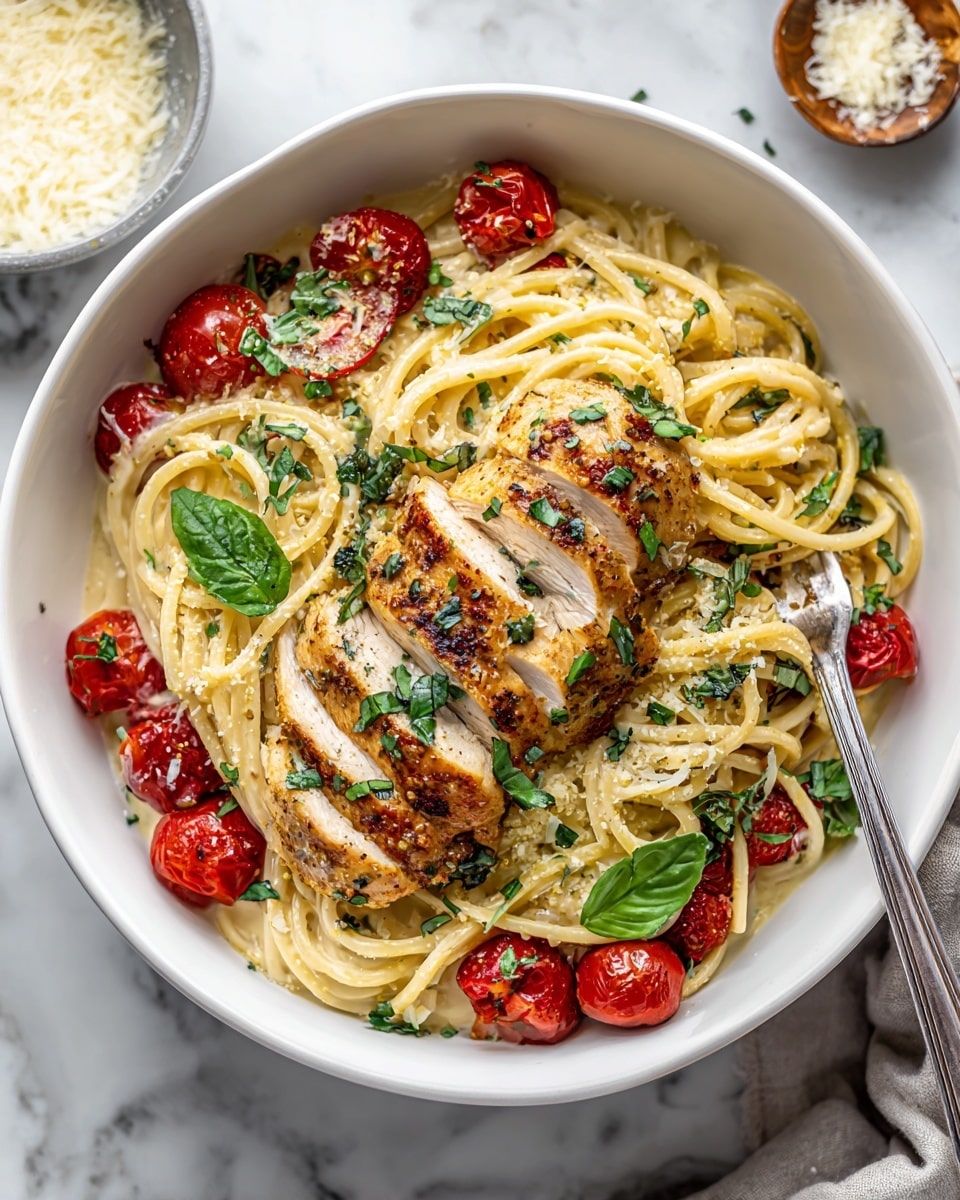 A white bowl filled with three main layers: the bottom layer is thick, round spaghetti pasta in a light creamy sauce, mixed with bright red cherry tomatoes and fresh green basil leaves scattered throughout; the middle layer is a woman's hand holding a fork, twirling some spaghetti strands; the top layer is a sliced, light golden grilled chicken seasoned with herbs and garnished with small fresh green basil pieces. The bowl sits on a white marbled surface with a small bowl of grated cheese nearby. Photo taken with an iphone --ar 4:5 --v 7