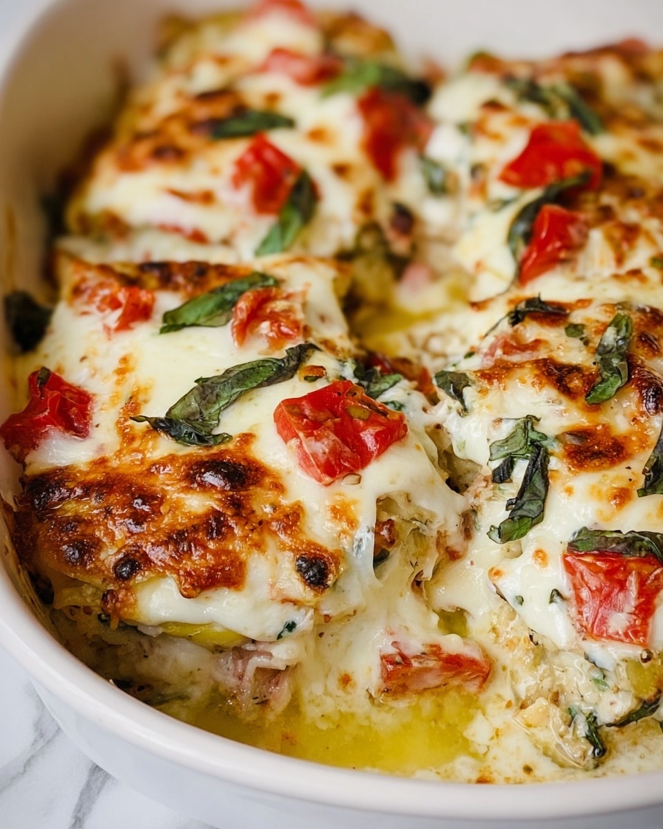 The image shows a close-up of many pieces of food in a white dish. Each piece has a thick layer of melted white cheese on top, browned in spots from cooking. Small red pieces of tomato and thin strips of green basil are scattered on the cheese, adding color contrast. Below the cheese, there are light yellow and beige layers visible, with hints of cooked vegetables or meat peeking through. The dish has a baked, creamy texture with some bubbling at the edges. The background is a white marbled surface. photo taken with an iphone --ar 4:5 --v 7