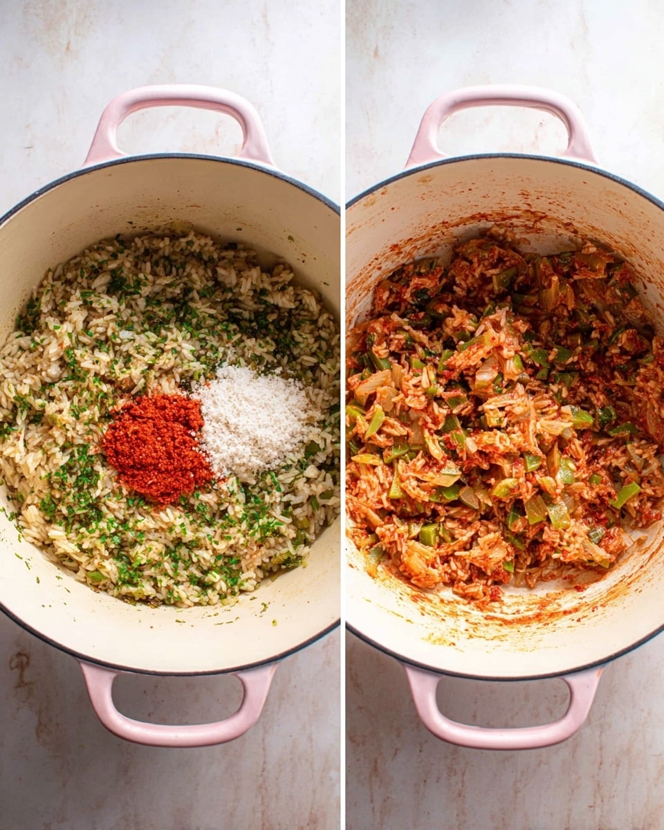 The image shows two side-by-side views of a white pot with pink handles on a white marbled surface. In the left view, the pot contains cooked rice mixed with chopped green herbs and bits of vegetables, topped with a bright red paste and a small pile of white granules. In the right view, the ingredients are fully mixed, transforming the rice into a red-colored dish with green vegetable bits evenly spread throughout. The texture looks moist and well combined, with some rice sticking to the pot’s sides. Photo taken with an iphone --ar 4:5 --v 7