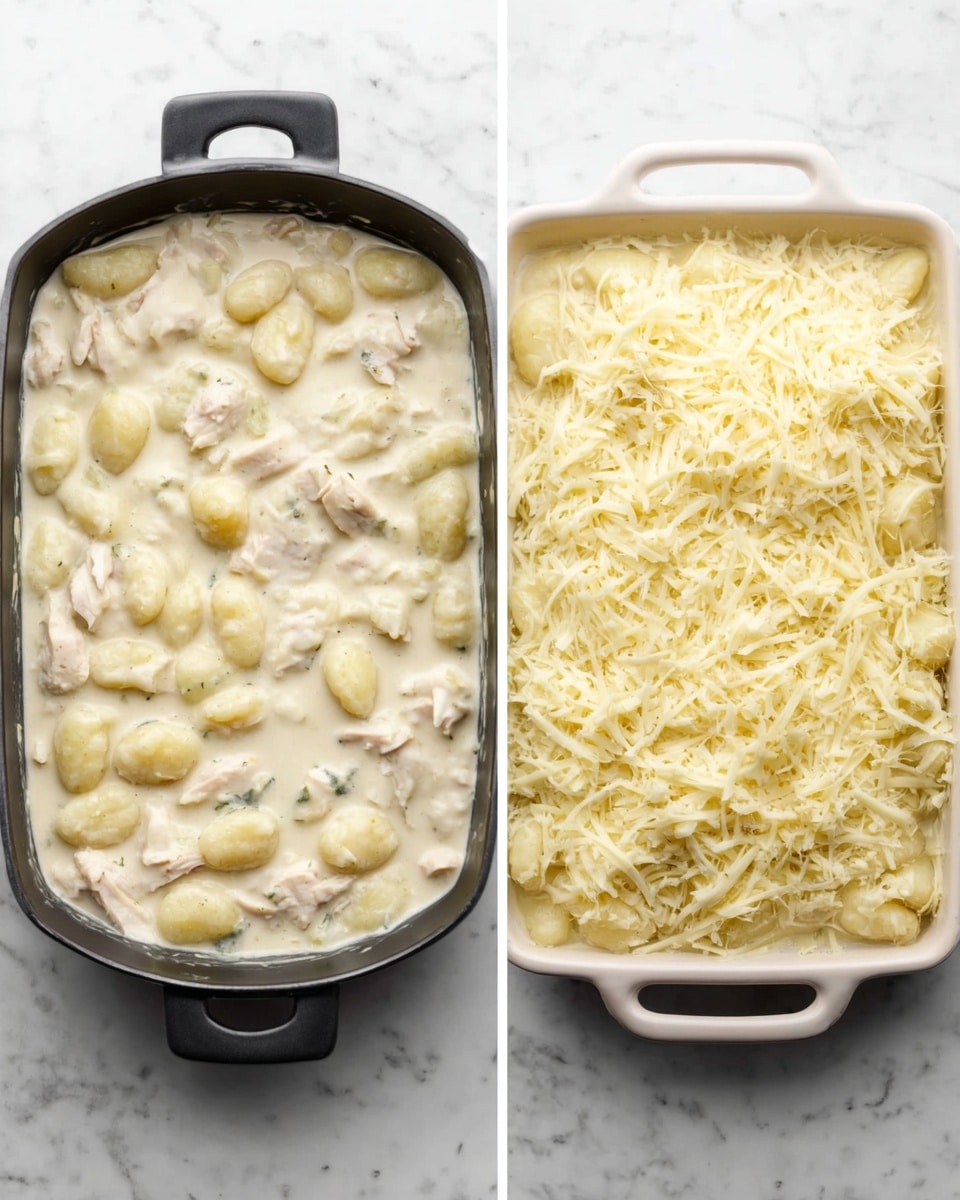 The image on the left shows a black pan filled with a creamy white sauce, with small, soft gnocchi and shredded pieces of white meat mixed evenly throughout. The image on the right displays a white rectangular baking dish from above, filled with the same creamy mixture topped thickly with shredded cheese that is pale yellow and covers the entire surface. Both dishes are placed on a white marbled surface. Photo taken with an iphone --ar 4:5 --v 7