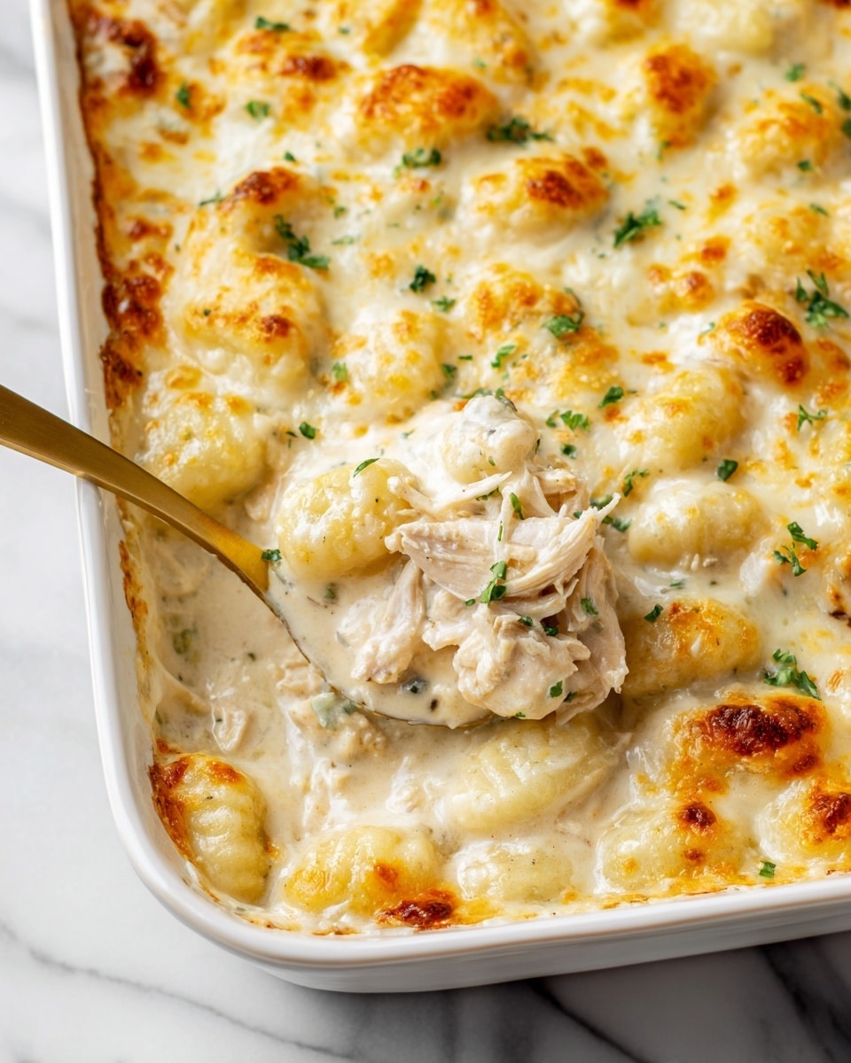 A white baking dish filled with one thick layer of baked gnocchi in a creamy white sauce, with pieces of shredded chicken mixed evenly throughout. The top is golden brown and slightly crispy in some spots, showing melted cheese that is bubbly and smooth. Small green parsley bits are sprinkled on top for color. A gold spoon is scooping out a portion, showing the creamy texture and the soft gnocchi and chicken beneath. The dish sits on a white marbled surface photo taken with an iphone --ar 4:5 --v 7