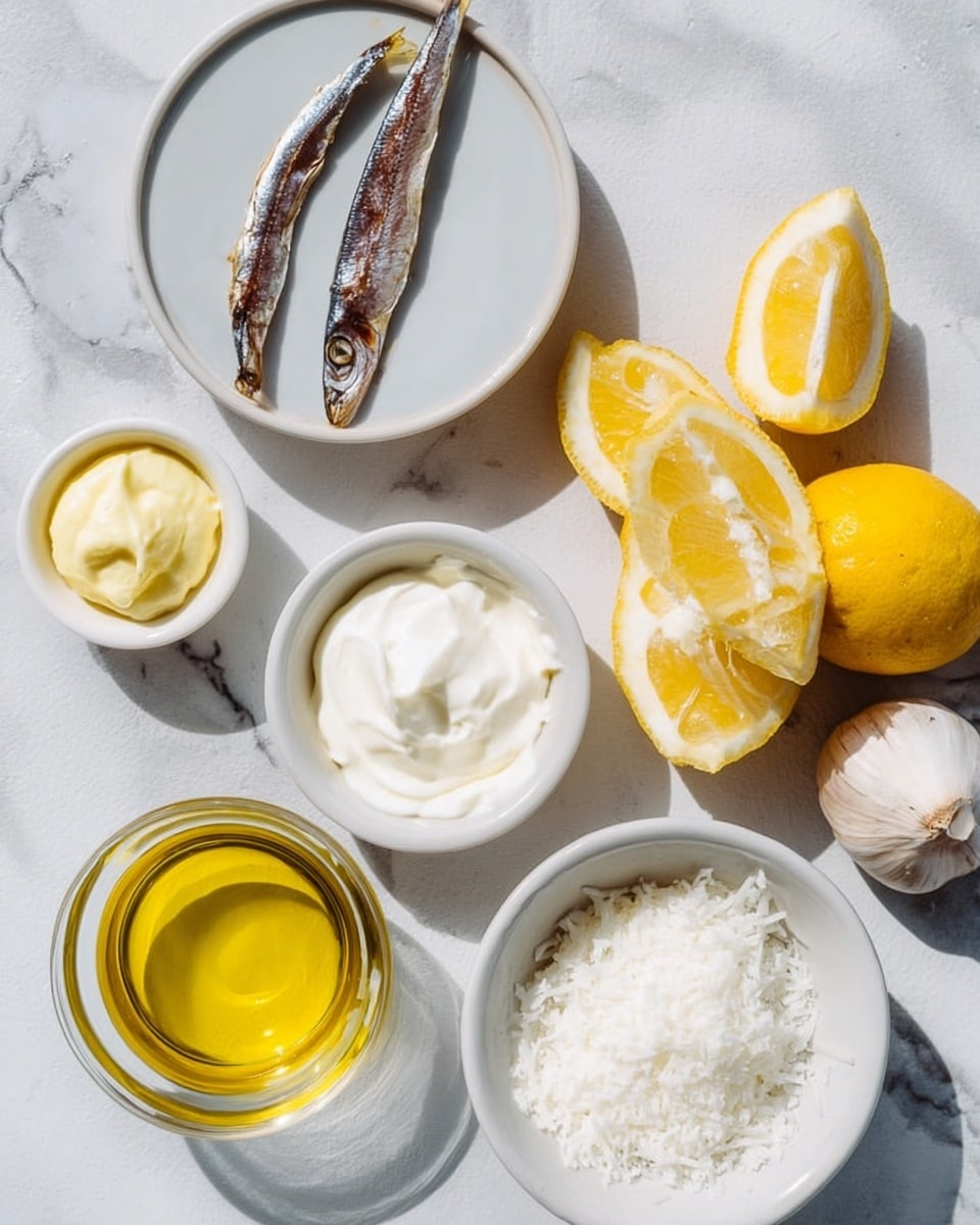 The image shows several small white bowls and lemon halves arranged on a white marbled surface. There are two small anchovy fillets lying flat on a white plate at the top. Below them is a small bowl with pale yellow mustard. To the right, there are three lemon halves placed in a loose cluster, their bright yellow flesh clearly visible. Next to the lemons is a clove of garlic. At the bottom left is a glass bowl filled with bright golden olive oil. On the bottom right, there are two white bowls; one holds thick white cream with a smooth texture, and the other is filled with a fine white grated substance, likely cheese. The lighting is natural and bright, making the colors of the ingredients appear fresh and vibrant photo taken with an iphone --ar 4:5 --v 7