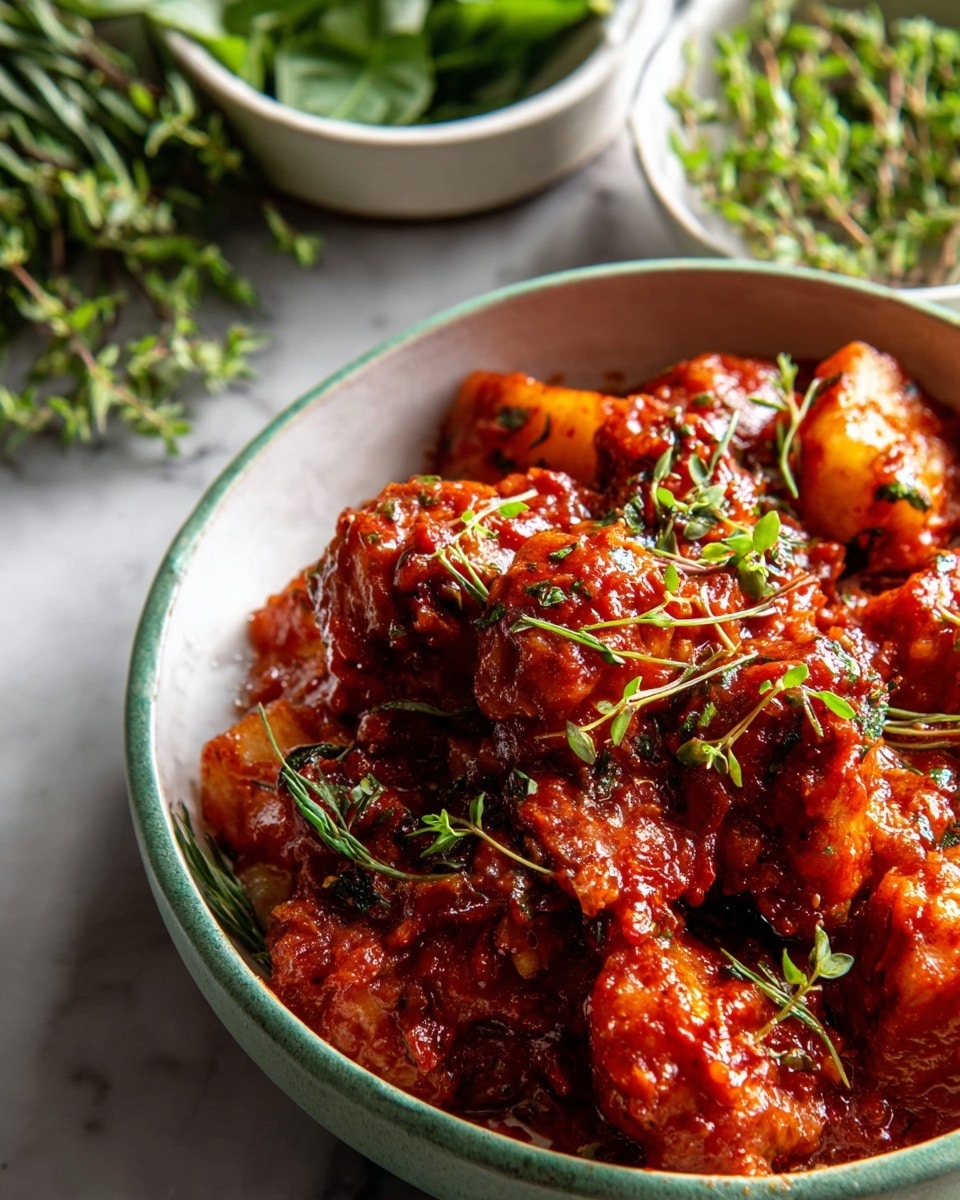 A close-up of a white bowl filled with several pieces of food covered in thick, bright red sauce; the sauce looks rich and chunky, coating the uneven, soft, and glistening pieces inside. Small green leaves and delicate sprigs of herbs are sprinkled evenly over the top, adding a fresh touch. Around the bowl, there is a white marbled surface visible, with parts of two other white bowls slightly seen at the edges, each holding fresh green herbs or leaves. The lighting highlights the shiny texture of the sauce and the vibrant green of the herbs. Photo taken with an iphone --ar 4:5 --v 7