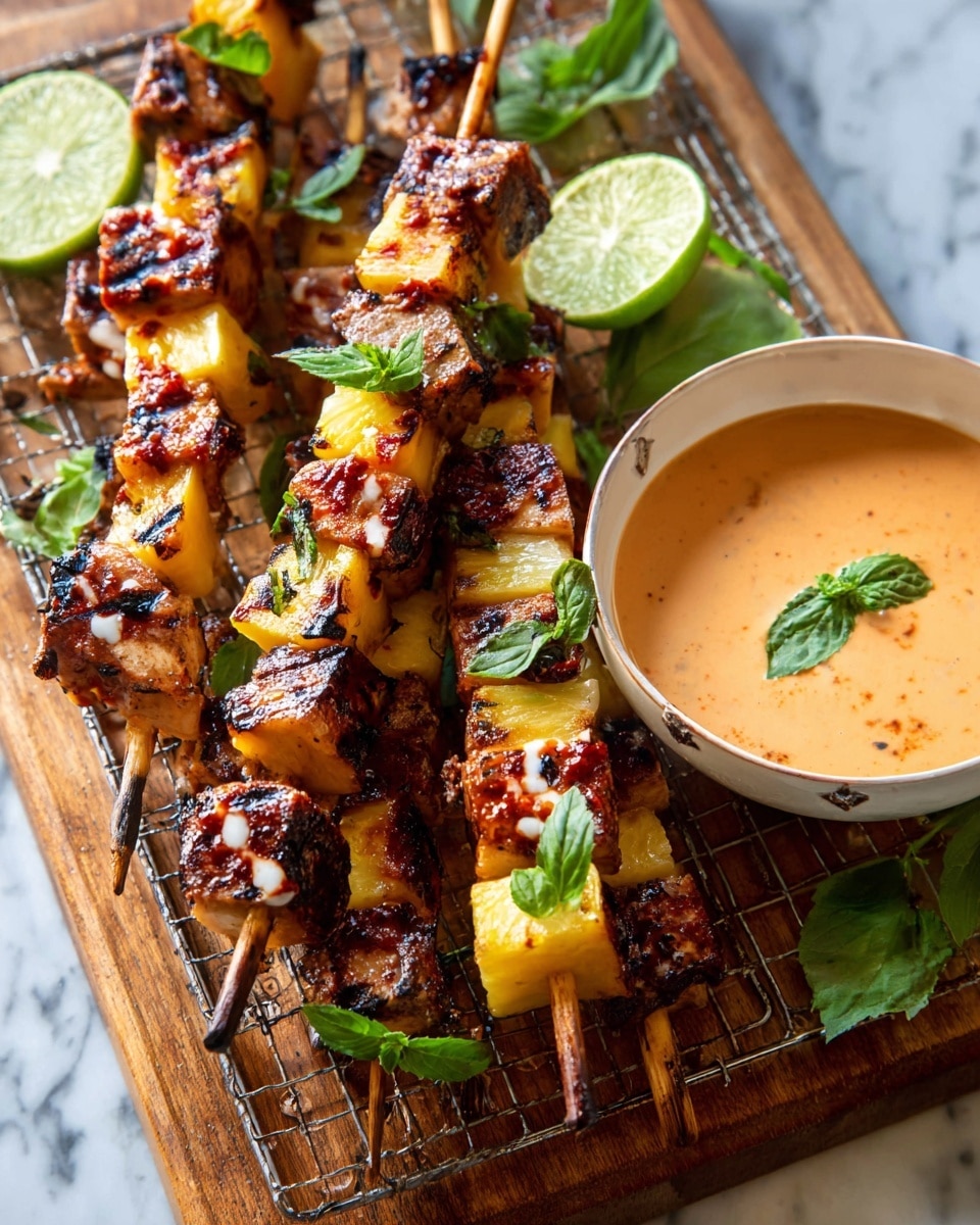 Several grilled skewers are stacked on a wire rack over a wooden board with a white marbled surface beneath. Each skewer has about six layers, starting with golden-brown grilled cubes of meat and pineapple, some with light char marks and coated with a reddish sauce and a light creamy drizzle. Fresh green herb leaves, including basil and mint, decorate the skewers and the board. A lime wedge with a small green leaf rests atop the skewers. One skewer is dipped in a white bowl filled with a light orange sauce, garnished with a small green herb sprig, all sitting on the white marbled surface. Photo taken with an iphone --ar 4:5 --v 7