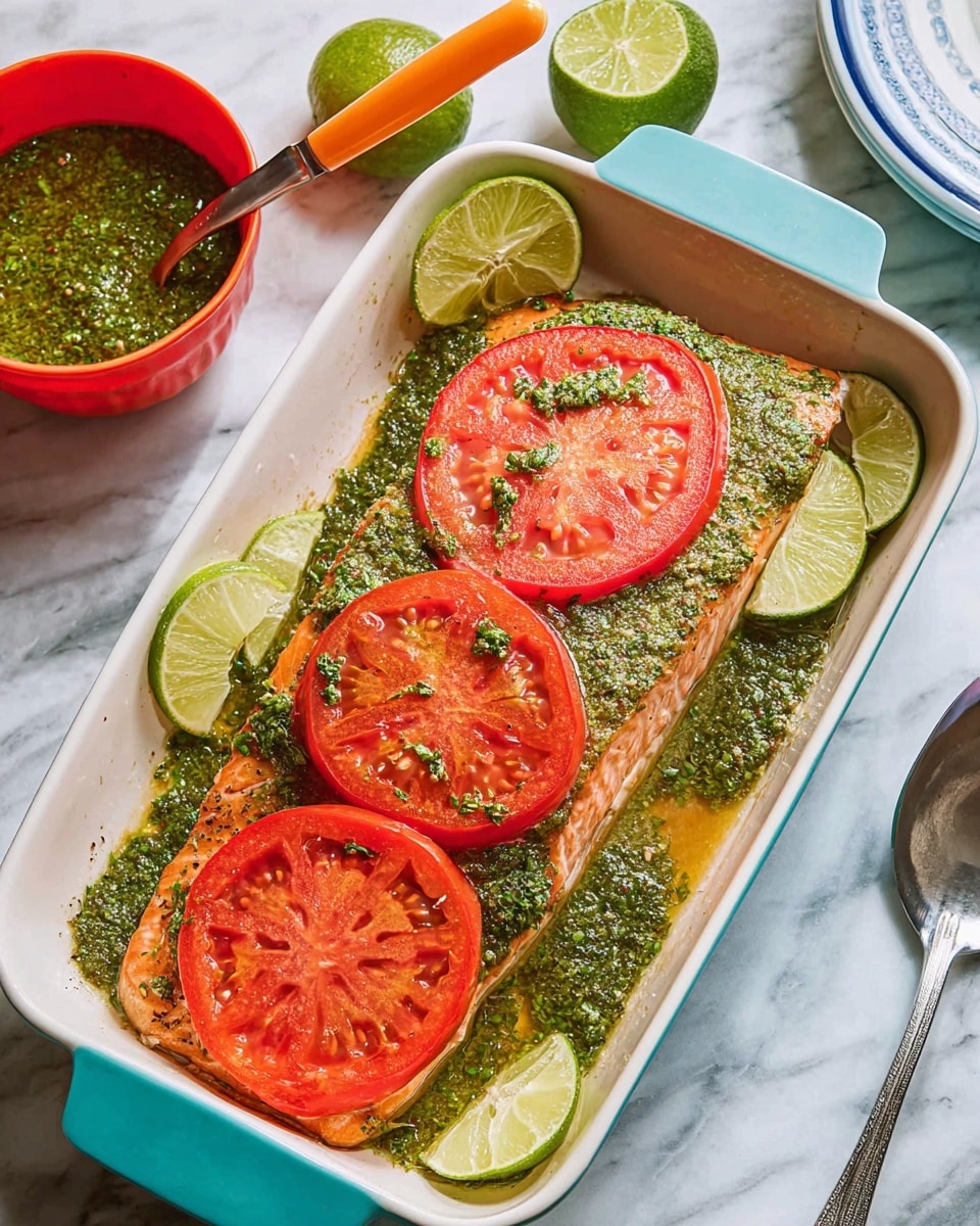A piece of cooked pink salmon lies flat in a white rectangular baking dish, topped with a thick green herb sauce that covers most of the top surface, followed by three bright red tomato slices arranged evenly over the sauce. There are also three lime slices, one on the salmon near the bottom left, one on the tomatoes in the middle, and one on the right side of the salmon. A red bowl with green sauce and a spoon with an orange handle is at the top left on a white marbled surface, next to a halved lime. Part of a white bowl with a blue rim is visible in the top right corner. A silver spoon is placed at the bottom right on the same surface. Photo taken with an iphone --ar 4:5 --v 7