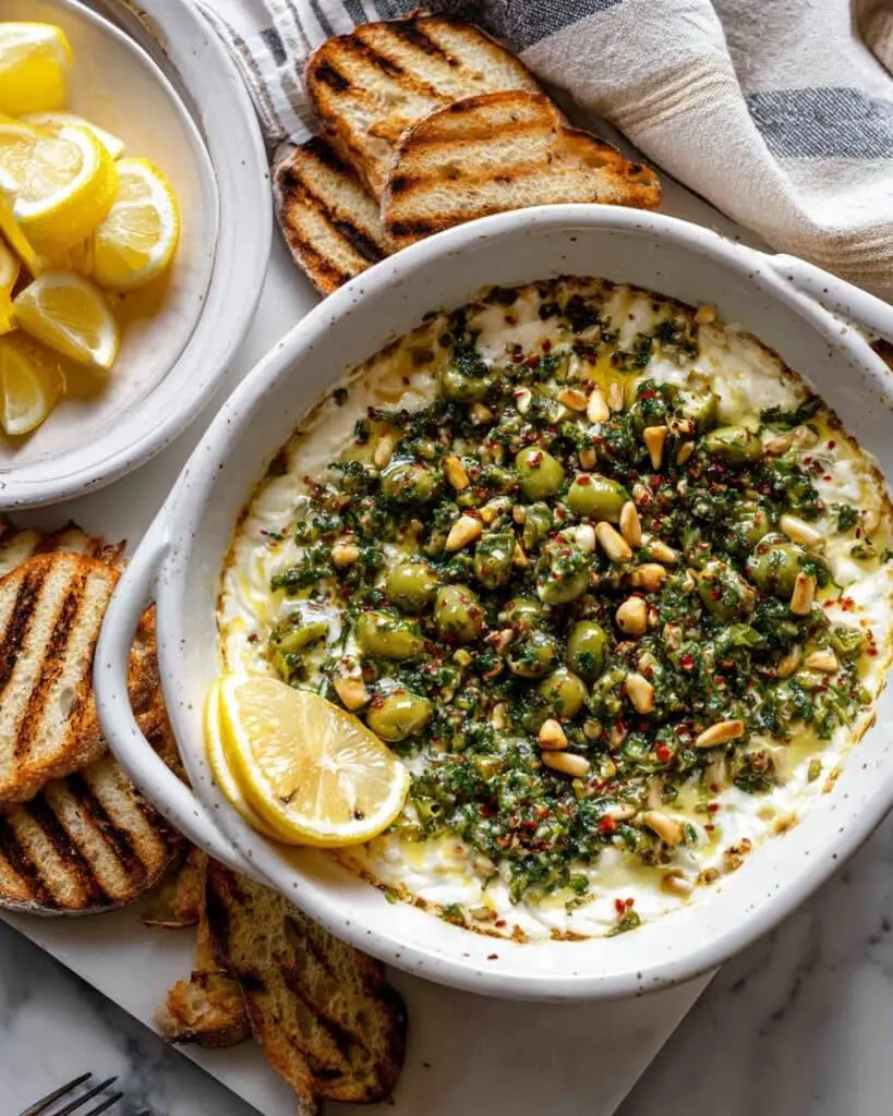 Baked Feta and Artichoke Dip with Olive Gremolata Recipe