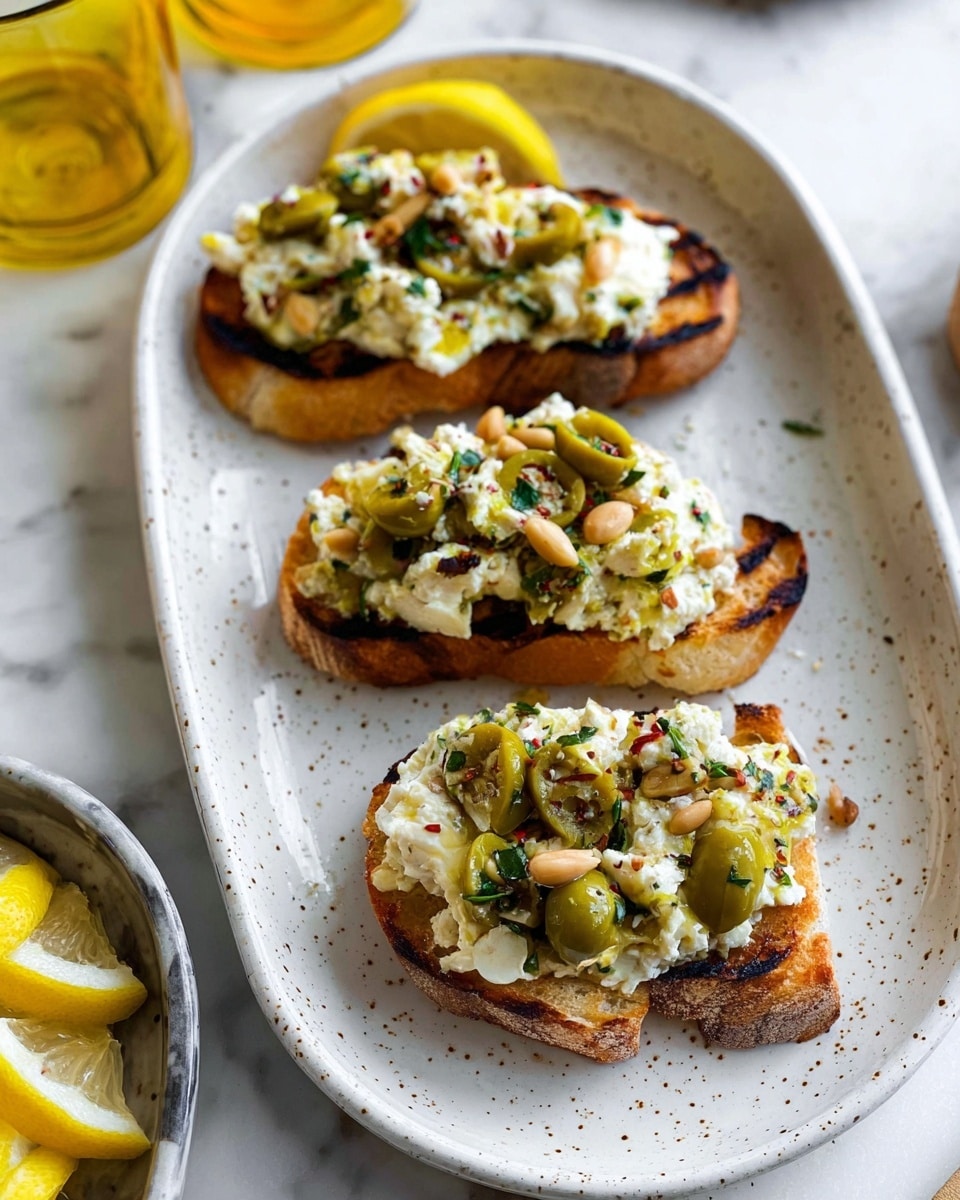 Three slices of toasted bread are arranged on a white speckled oval plate, each topped with a thick layer of white soft cheese, chopped green olives, toasted pine nuts, small bits of herbs, and light red pepper flakes. The toasts have a golden-brown grilled surface, and a lemon wedge is placed at the top corner of the plate. The plate rests on a white marbled surface with part of a yellow glass and a dish containing more lemon wedges visible nearby. photo taken with an iphone --ar 4:5 --v 7