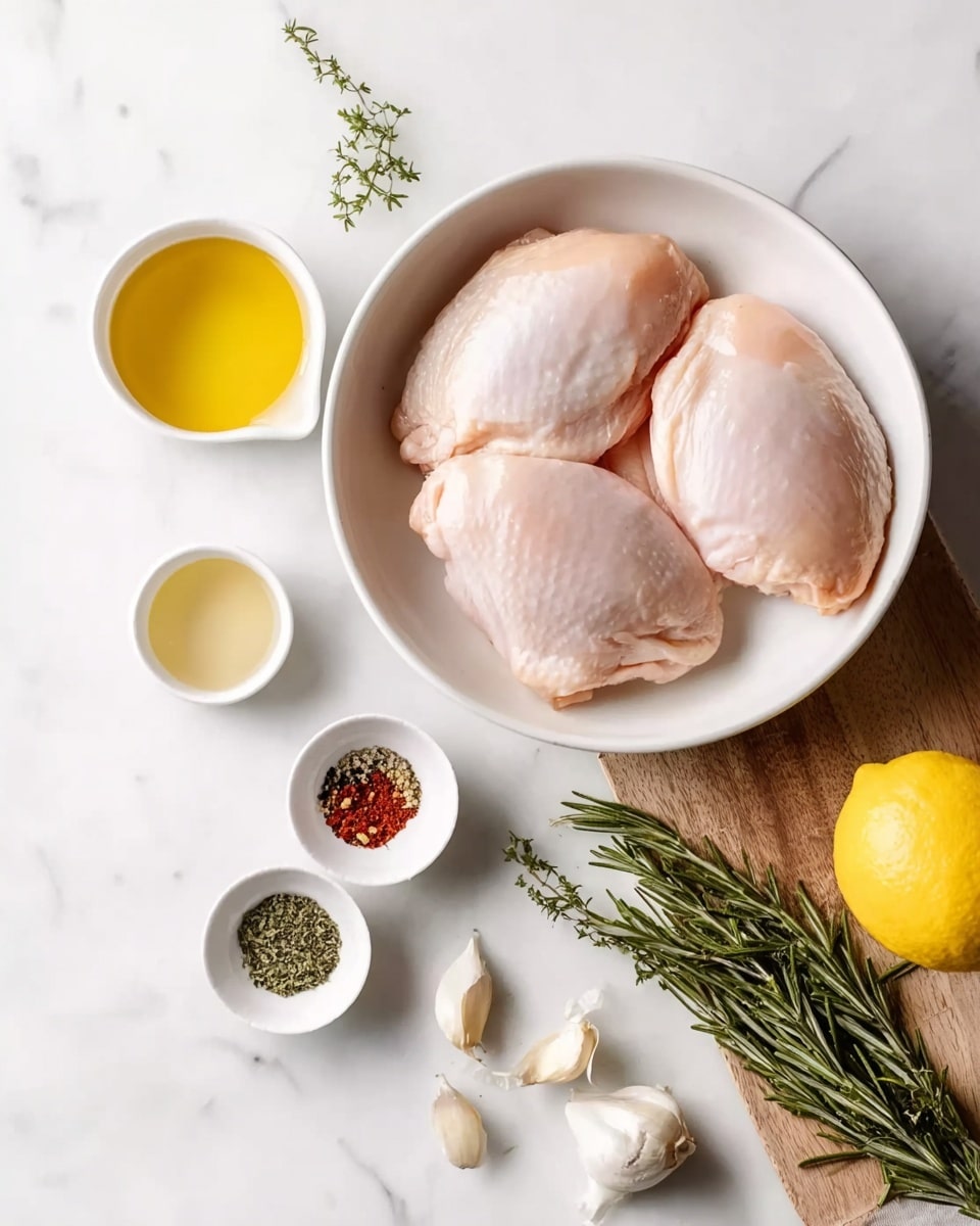 The image shows three raw pale pink chicken pieces placed side by side in a white round bowl on a wooden board. Around the bowl, there are small white cups containing a yellow liquid (likely oil), a light beige liquid, and a mixture of spices including red, black, and green on a smaller white round dish. A bright yellow lemon and fresh green rosemary sprigs are placed directly on a white marbled surface, along with a few cloves of garlic. The scene is bright and clean, arranged neatly with simple, fresh ingredients. photo taken with an iphone --ar 4:5 --v 7