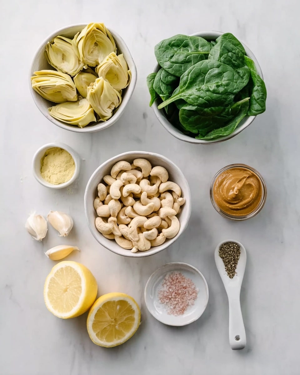 The image shows several white bowls and spoons arranged neatly on a white marbled surface. At the top left, there is a white bowl filled with pale yellow artichoke hearts with soft textures. Next to it on the right is a white bowl holding fresh green spinach leaves, vibrant and crisp. Below the artichokes is another white bowl filled with raw, light beige cashew nuts. Beside these bowls, slightly lower in the frame, is a halved lemon showing its yellow flesh and white rind. At the bottom left, two cloves of garlic lie beside a small white bowl containing a pale yellow powder. On the right side, there is a small white spoon with a smooth, brown peanut butter-like paste, and next to it, a tiny white plate holds pink salt and black pepper. The overall scene is clean and bright, set on a white marbled surface. photo taken with an iphone --ar 4:5 --v 7