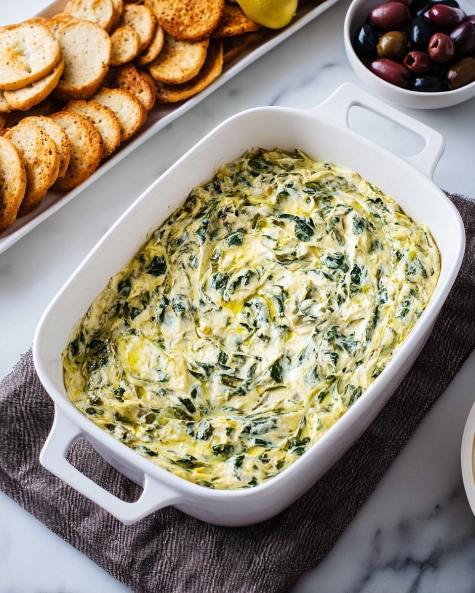 A white rectangular casserole dish filled with a creamy dip that has a thick layer of mixed light yellow and green colors from spinach and artichokes evenly spread on top, showing a slightly textured and soft surface. The dish rests on a dark gray cloth, which is placed on a white marbled table. To the left, there is a white elongated tray with toasted bread and crackers arranged in a neat pile. A small part of a white bowl with dark olives is visible in the top right corner. Photo taken with an iphone --ar 4:5 --v 7