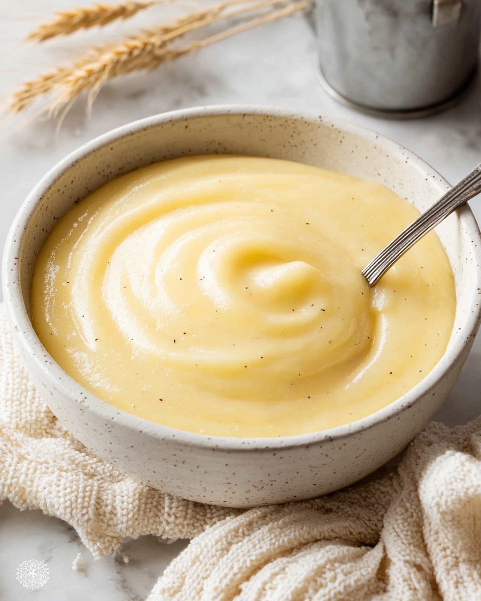 A close-up view of a single layer of smooth, creamy pale yellow custard with tiny vanilla specks, filling a round white speckled bowl. The custard has a shiny, thick texture with gentle swirls on the surface made by a vintage silver spoon resting in the center. The bowl is placed on a white marbled surface with a soft cream-colored knitted cloth folded nearby, and a blurred metallic bucket with dry wheat stalks is visible in the background. Photo taken with an iphone --ar 4:5 --v 7