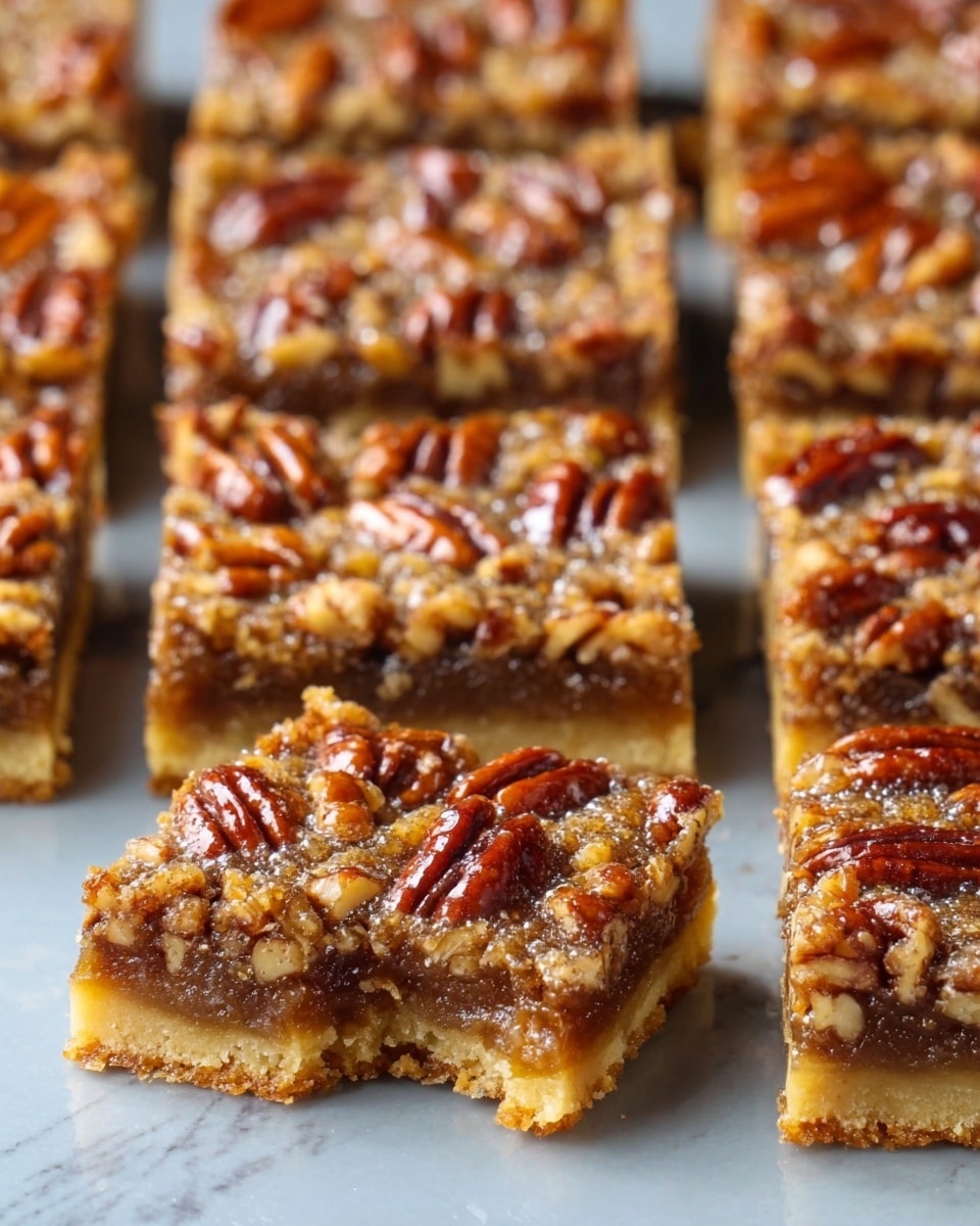 The image shows many square pecan bars placed on a white marbled surface. Each bar has two layers: the bottom layer is a light golden crust that looks firm and crumbly, while the top layer is a thick layer of shiny, sticky pecan filling with whole pecan halves clearly visible, giving a rich, textured look. One bar is in the front with a small bite taken from the corner, showing the inside's chunky pecans and gooey caramel-like layer. The bars are arranged in rows, and the focus is on the front few pieces with the rest fading softly in the background. Photo taken with an iphone --ar 4:5 --v 7