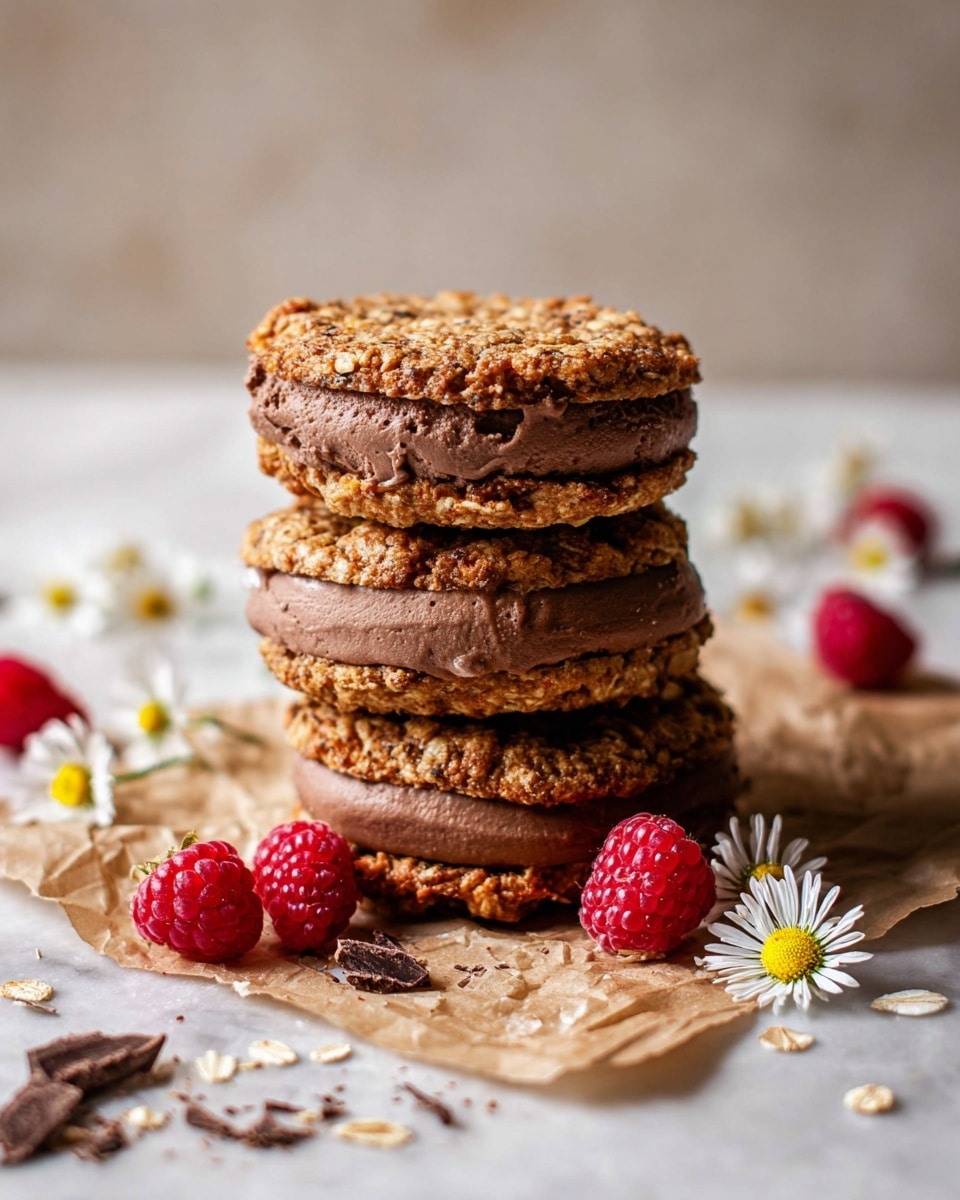 A stack of three round ice cream sandwiches is shown on crumpled brown parchment paper, placed on a white marbled surface. Each sandwich has two golden-brown oatmeal cookie layers with a rough texture and visible oats and chocolate pieces, sandwiching a thick, smooth, dark chocolate ice cream layer in the middle. Around the base, there are bright red raspberries and small white and yellow chamomile flowers, along with scattered small chocolate shavings and crumbs, adding color and detail to the scene. The background is softly blurred with a neutral light tone. photo taken with an iphone --ar 4:5 --v 7