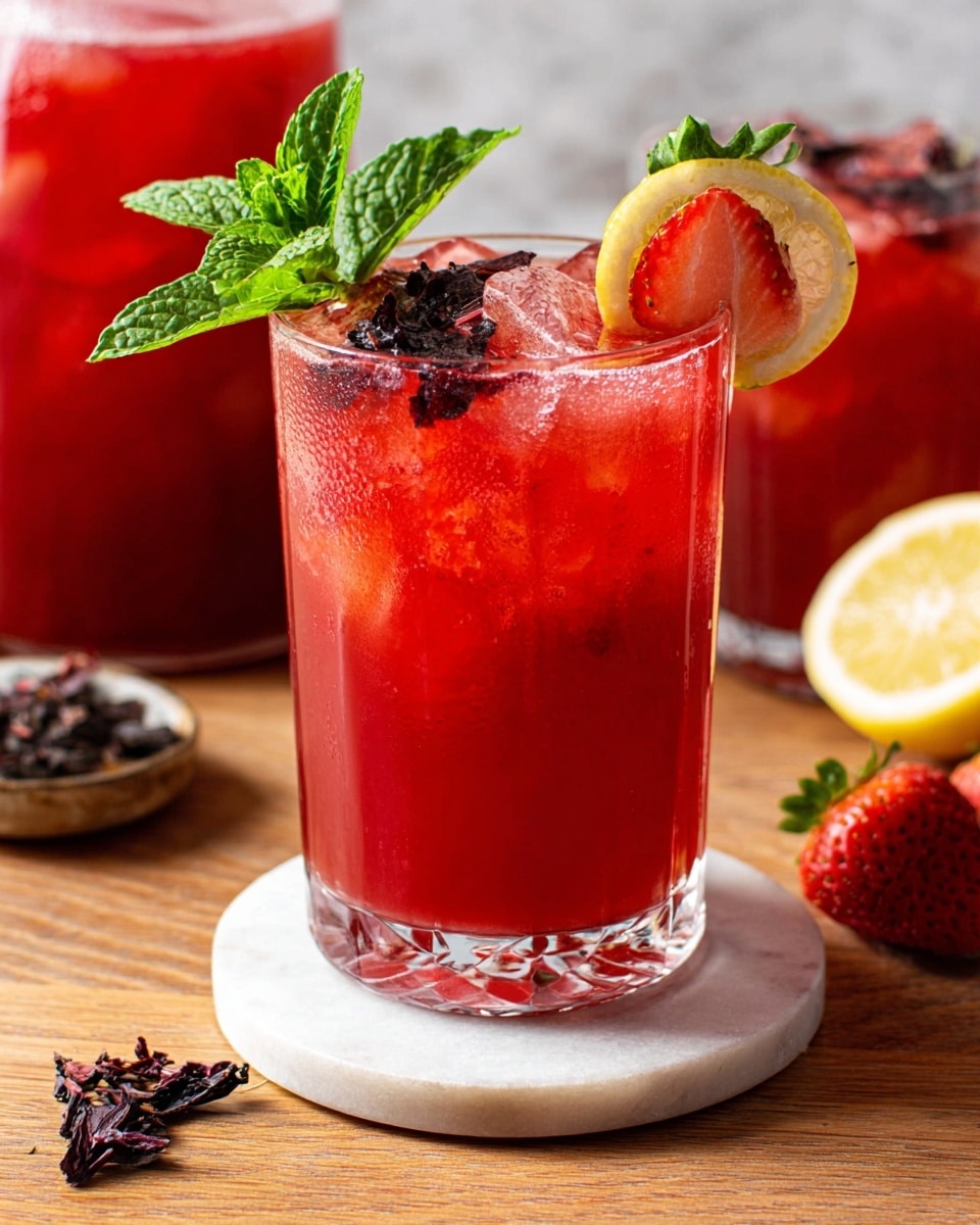 A clear glass filled with bright red iced drink, containing several ice cubes that add a frosty texture inside the liquid. The glass is garnished with a fresh green mint sprig, dark dried petals, and a thin lemon slice holding a halved strawberry with visible seeds and green leaves, all sitting on the edge. The glass rests on a round white coaster on a wooden surface. In the background, there is another similar glass and a clear jug filled with the same red drink, both placed on a white marbled surface. Two whole strawberries and dried dark petals are scattered on the wooden surface near the front glass. Photo taken with an iphone --ar 4:5 --v 7