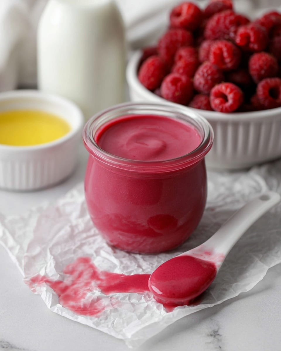A thick, smooth raspberry pink sauce fills a clear glass jar placed on a white marbled surface covered with slightly crumpled white parchment paper. Next to the jar, a white spoon holding a small amount of sauce sits on the parchment with sauce spilled around it. In the background, a white bowl is full of fresh red raspberries, and behind that, a small clear bottle holds white milk. A small white dish containing a yellow liquid, possibly oil or melted butter, is partially visible in the lower left corner. Photo taken with an iphone --ar 4:5 --v 7