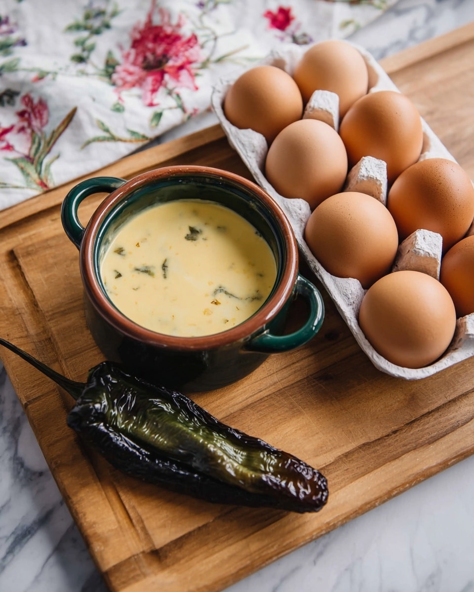 A small dark green bowl with two handles holds a pale yellow creamy sauce with small bits inside, placed on a wooden board. In front of the bowl lies a long roasted pepper, mostly blackened with some green patches. To the right, a white egg tray with six brown eggs sits on the wooden board. The scene is set on a white marbled surface with a floral cloth partially visible in the background. Photo taken with an iphone --ar 4:5 --v 7