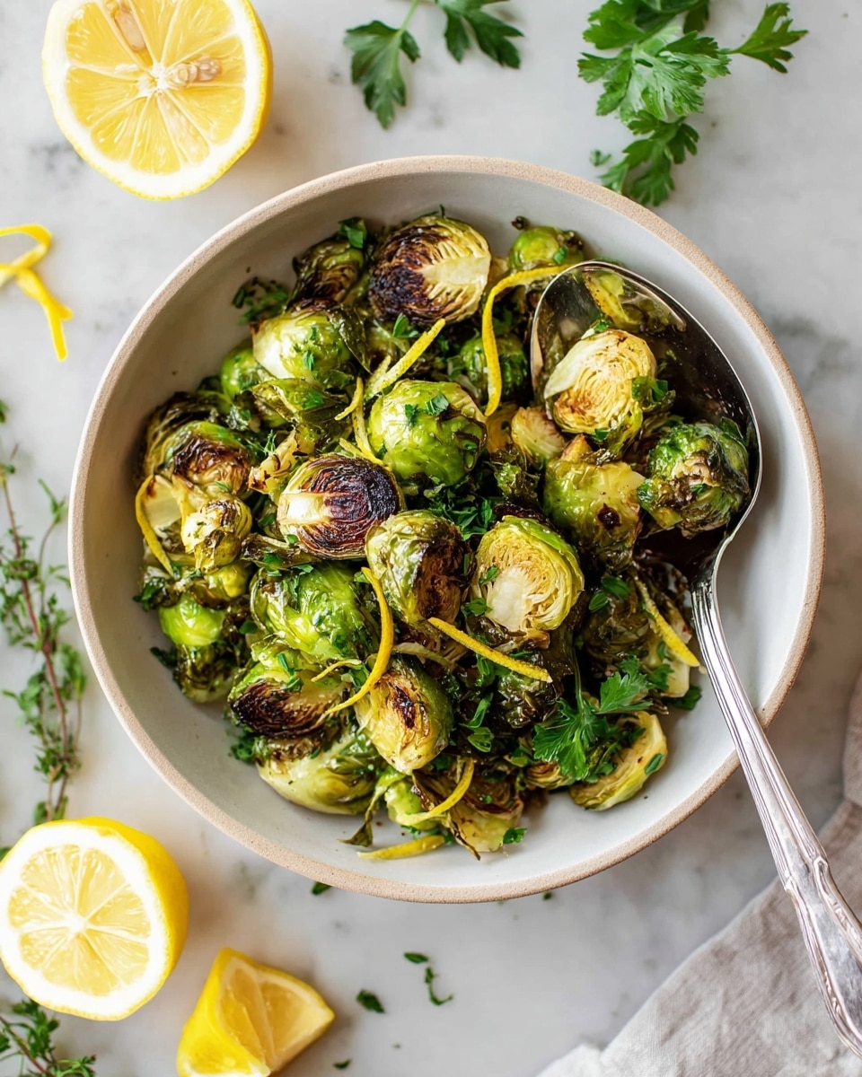 A white bowl is filled with two layers of roasted Brussels sprouts, showing green colors with dark brown char marks. Small bright yellow lemon peel curls and fresh green parsley leaves are scattered over the Brussels sprouts, adding pops of color. A silver spoon with a shiny surface rests on the right edge, holding a few Brussels sprouts. The bowl sits on a white marbled surface with fresh herbs and halved lemons around it. Photo taken with an iphone --ar 4:5 --v 7