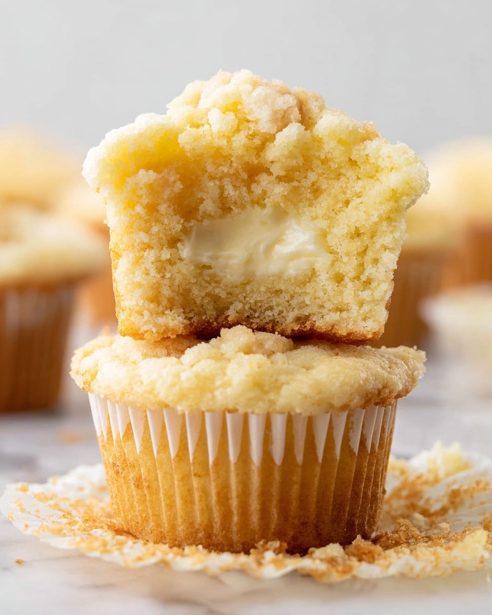 A close-up of two soft yellowish cupcakes stacked on a white marbled surface, the top cupcake is broken in half showing three layers: a crumbly pale golden outer crust, a moist yellow middle layer, and a creamy white filling in the center. The cupcakes have a light texture with a few crumbs scattered nearby, the base of the cupcakes is wrapped in a thin white paper liner. The background is softly blurred with similar cupcakes in light neutral tones photo taken with an iphone --ar 4:5 --v 7