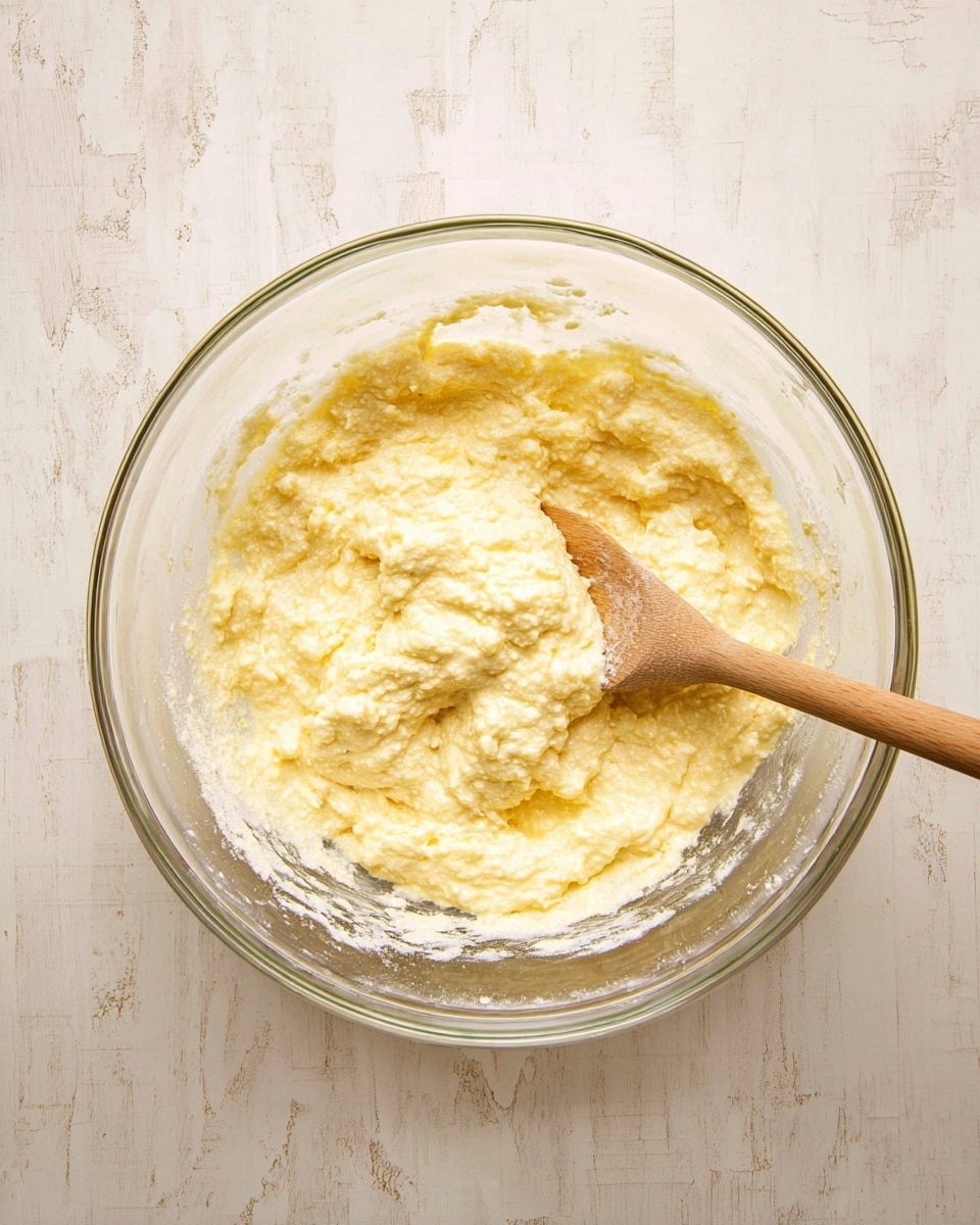 A clear glass bowl filled with a thick, creamy yellow batter with a slightly lumpy texture sits on a white marbled surface. Inside the bowl, a wooden spoon with a light brown handle is partially dipped in the batter, resting at an angle on the right side. The batter looks soft and mixed unevenly with different shades of yellow and white visible throughout. photo taken with an iphone --ar 4:5 --v 7