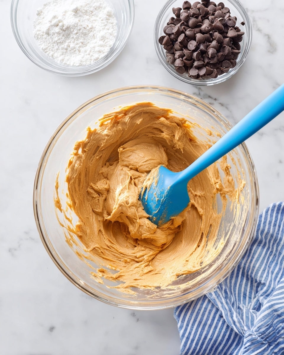 A large clear glass bowl holds a thick, creamy, light brown mixture with a slightly chunky texture, stirred by a blue spatula resting inside the bowl. Above the bowl, there are two small clear glass bowls, one filled with white powder and the other with dark brown chocolate chips. The setup is on a white marbled surface, and a blue and white striped cloth is placed to the right side of the large bowl. photo taken with an iphone --ar 4:5 --v 7