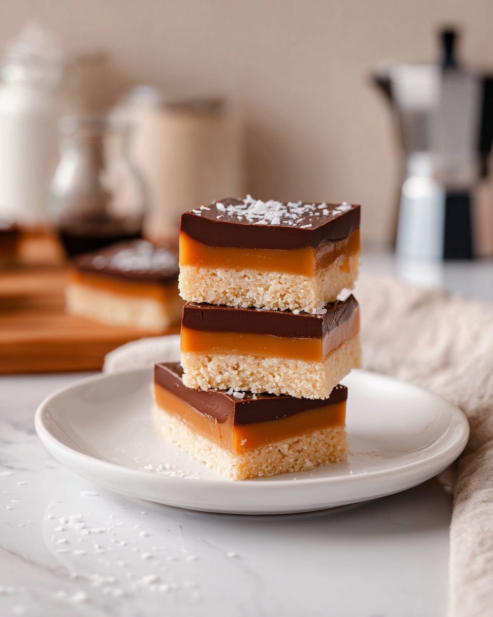 The image shows three square dessert bars stacked on a white plate, placed on a white marbled surface. Each bar has three layers: the bottom layer is a light beige shortbread base with a crumbly texture, the middle layer is a smooth, rich caramel colored layer, and the top layer is a shiny, dark chocolate with a sprinkle of white flakes on top. The background is softly blurred, featuring neutral tones and kitchen items like a clear glass jar and a moka pot. Photo taken with an iphone --ar 4:5 --v 7