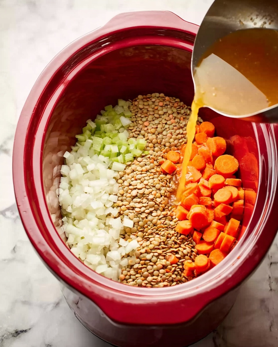 The image shows a red slow cooker filled with four layers of ingredients. The first layer on the left side has chopped white onions with a fine, soft texture. Next to the onions, there is a layer of small chopped green celery pieces with a slightly glossy look. On the right side, there are many light brown lentils with a smooth texture. In front of the lentils is a layer of sliced orange carrots, cut into rounds. From above, a light golden liquid is being poured into the slow cooker from a silver measuring cup. The slow cooker is placed on a white marbled surface. Photo taken with an iphone --ar 4:5 --v 7
