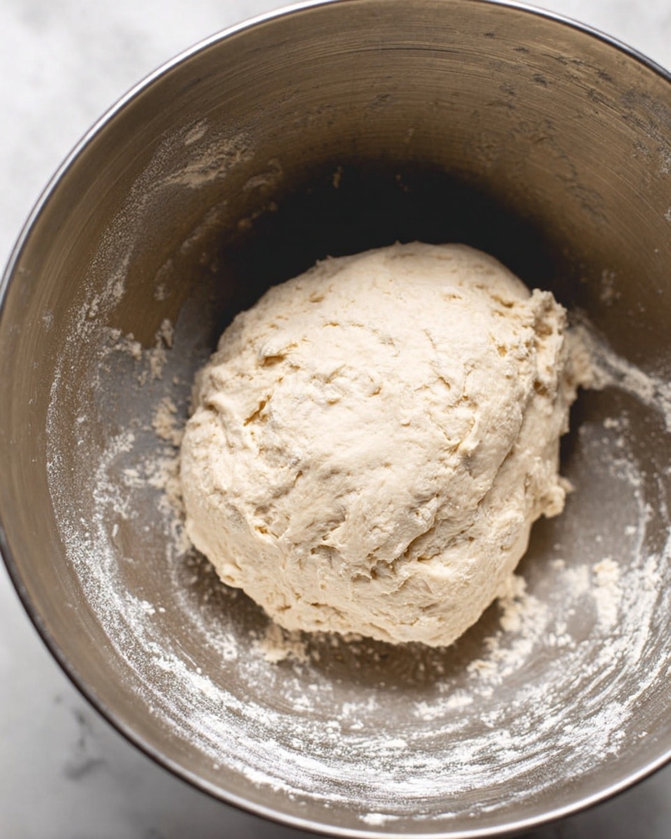 A close-up view of a large ball of rough, pale dough with an uneven texture resting inside a shiny metal mixing bowl. The dough is off-white with some small cracks and bits of loose flour clinging to it and scattered around the bowl's inner surface. The bowl itself shows some smudges of dough and flour near the edges, highlighting the mixing process. The whole scene sits on a white marbled surface, with soft lighting that shows the dough's detailed texture clearly. photo taken with an iphone --ar 4:5 --v 7