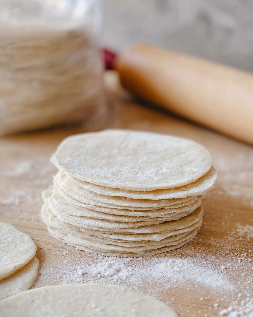 A stack of thin, round dough discs forms multiple layers, each pale and slightly dusted with white flour, resting on a wooden surface with flour scattered around. In the background, there is a rolling pin on the right side and a plastic-wrapped stack of more dough discs on the left side, all set against a soft, white marbled texture background. The scene is softly lit, showing the slight texture of the dough and the wood grain. Photo taken with an iphone --ar 4:5 --v 7