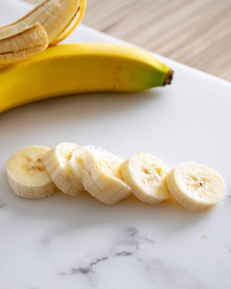 The image shows a peeled banana with several round banana slices placed in a row on a white marbled surface. The peeled banana is yellow with some brown spots, while the sliced pieces reveal a creamy light yellow color with a soft texture. The slices have a clear circular shape, showing the banana's fiber pattern. In the background, there is a part of a whole banana with yellow peel and greenish ends, resting on the white marbled surface. photo taken with an iphone --ar 4:5 --v 7