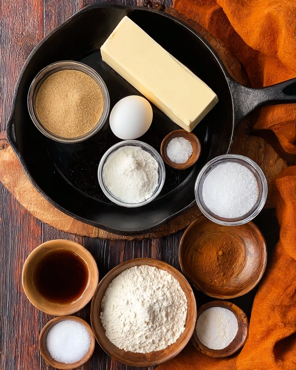 The image shows a black cast iron pan on a dark wooden surface with different ingredients inside and around it. Inside the pan are a stick of butter (off-white smooth block) positioned at the top, a small white bowl with light brown powder (yeast) at left, a glass bowl filled with white granulated sugar centered, a small transparent bowl with light brown sugar below the bigger bowl, a small white bowl with dark brown vanilla extract near the bottom left, and a single white egg resting directly on the pan. Around the pan on the wooden surface are five small round light wood bowls with white salt, white flour, white baking soda, white powdered sugar, and cinnamon powder. There is also an orange cloth partially visible in the top right corner. The entire scene is on a white marbled texture surface. Photo taken with an iphone --ar 4:5 --v 7