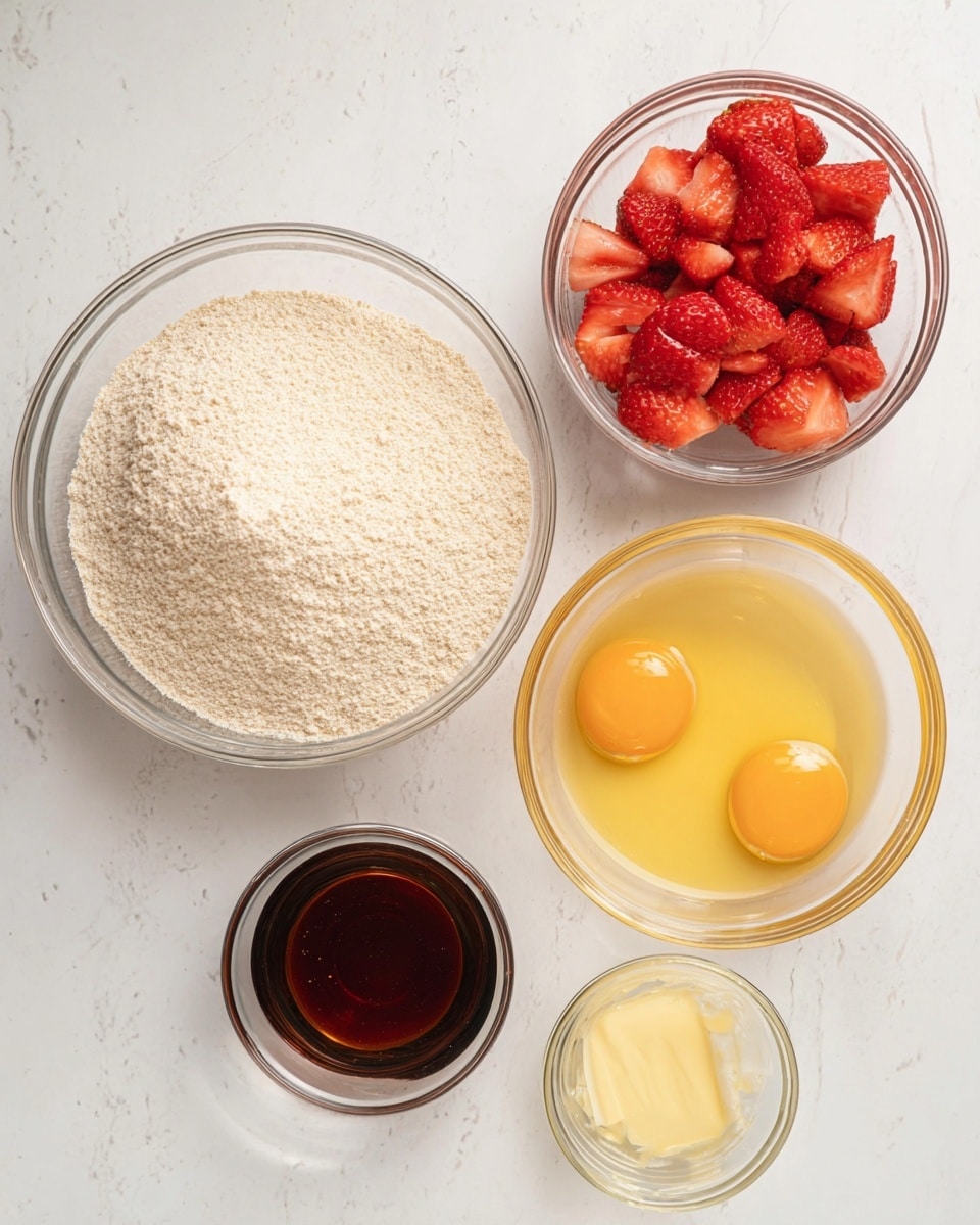 The image shows five clear glass bowls on a white marbled surface. The largest bowl on the left is filled with a light beige dry mix that looks like flour with small granules. At the top right, there is a smaller bowl full of bright red, roughly chopped strawberries. To the right of the dry mix, there is a bowl with two cracked eggs showing yellow yolks and clear whites. Below that, another bowl holds melted butter with a shiny, smooth yellow surface. At the bottom of the image is the smallest bowl filled with a dark brown liquid, likely vanilla extract, with a glossy texture. All bowls are neatly arranged with no spills visible. Photo taken with an iphone --ar 4:5 --v 7