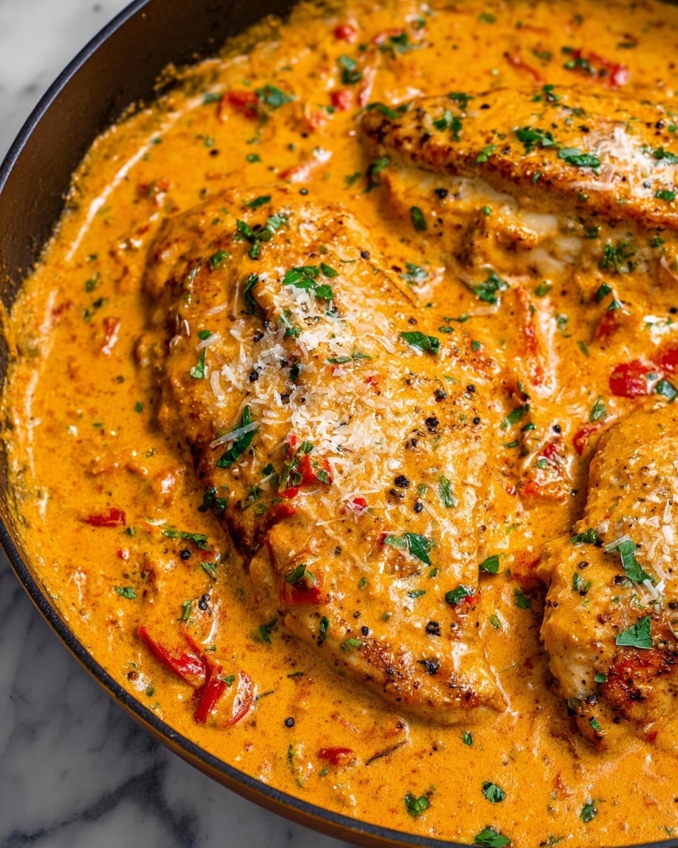 The image shows a pan with three pieces of cooked chicken covered in a thick, creamy orange sauce. The sauce is textured with small bits of red peppers and dotted with chopped green herbs. There are light sprinkles of grated cheese on top and a few black pepper specks. The chicken pieces are partly visible under the sauce, with a golden-brown sear on the exposed edges. The pan has a dark rim, and the background is a white marbled texture. photo taken with an iphone --ar 4:5 --v 7