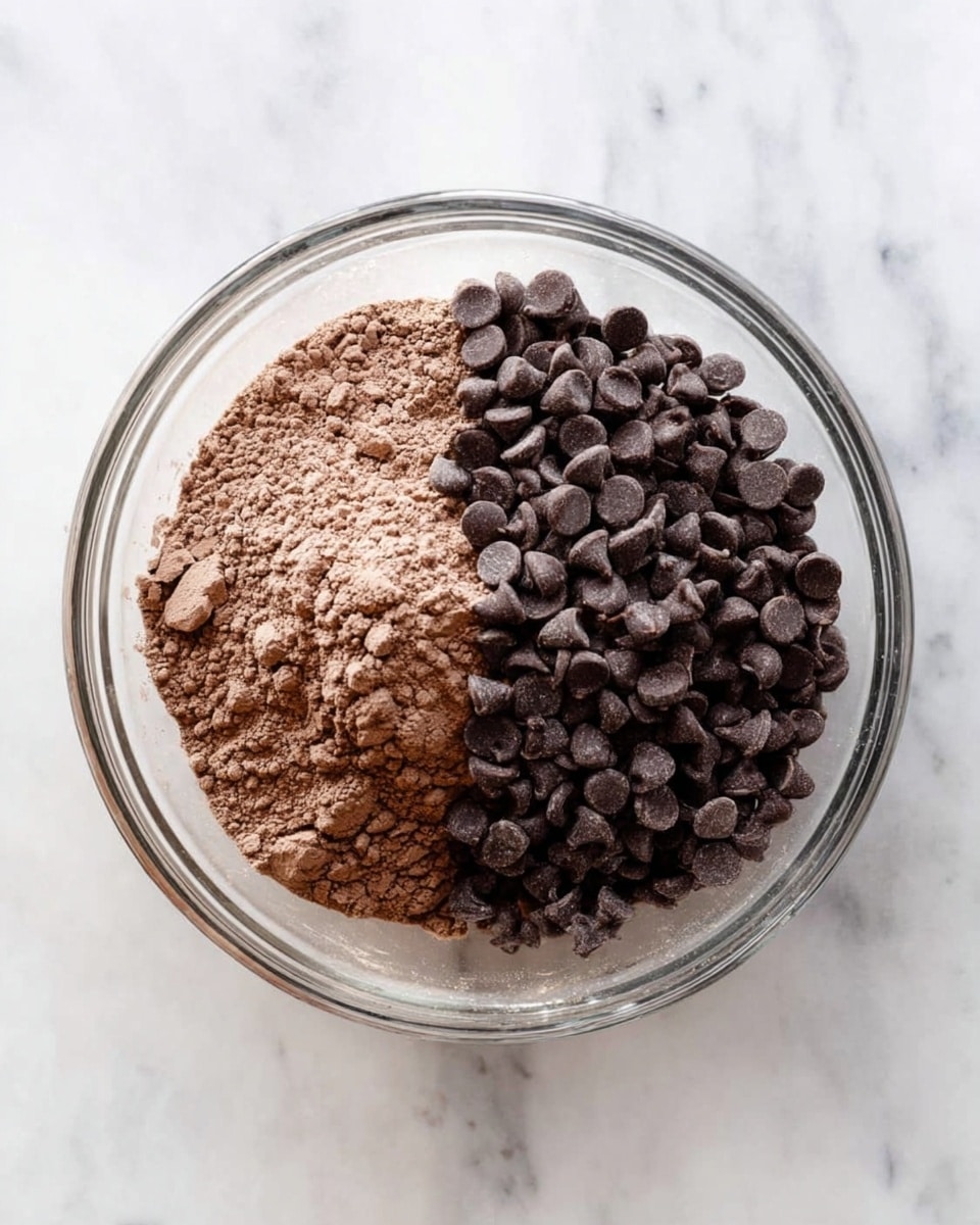 A clear glass bowl sits on a white marbled surface, filled with dry ingredients split into two parts: one half contains a brown powder, likely cocoa or chocolate mix, with a fine texture and slightly uneven surface, while the other half holds many small, round, dark brown chocolate chips that slightly pile up with a smooth, glossy appearance. The bowl is viewed from above, showing the clear division of the ingredients in a circle. photo taken with an iphone --ar 4:5 --v 7