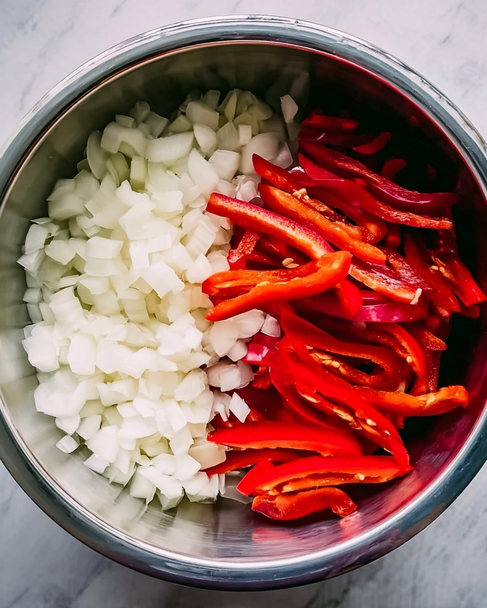 The image shows a round metal bowl filled with two main layers of chopped vegetables. On the left side of the bowl, there is a pile of small, white chopped onions with a soft, smooth texture. On the right side of the bowl, there are long, bright red chili peppers sliced lengthwise, showing their shiny skin and inner seeds. The bowl sits on a white marbled surface, creating a clean and fresh look. photo taken with an iphone --ar 4:5 --v 7