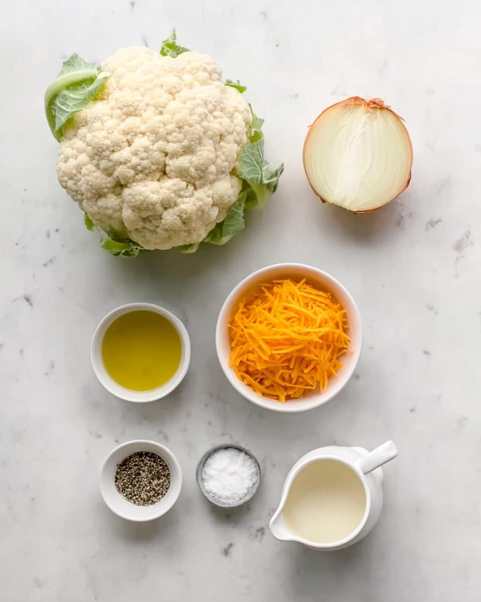 The image shows seven cooking ingredients arranged on a white marbled surface. Starting from the top left, there is a large, pale cream-colored whole cauliflower with some green leaves peeking underneath. To the right is a half onion with golden-brown skin and white layers inside. Below the cauliflower is a small white bowl filled with bright orange shredded cheese. To its right is a small white jug with a white creamy liquid. Below these, from left to right, are a small white bowl with golden yellow oil, a small white bowl with white powder, and a very small white bowl with a mix of black and white pepper. The items are spread out evenly and viewed from above. Photo taken with an iphone --ar 4:5 --v 7
